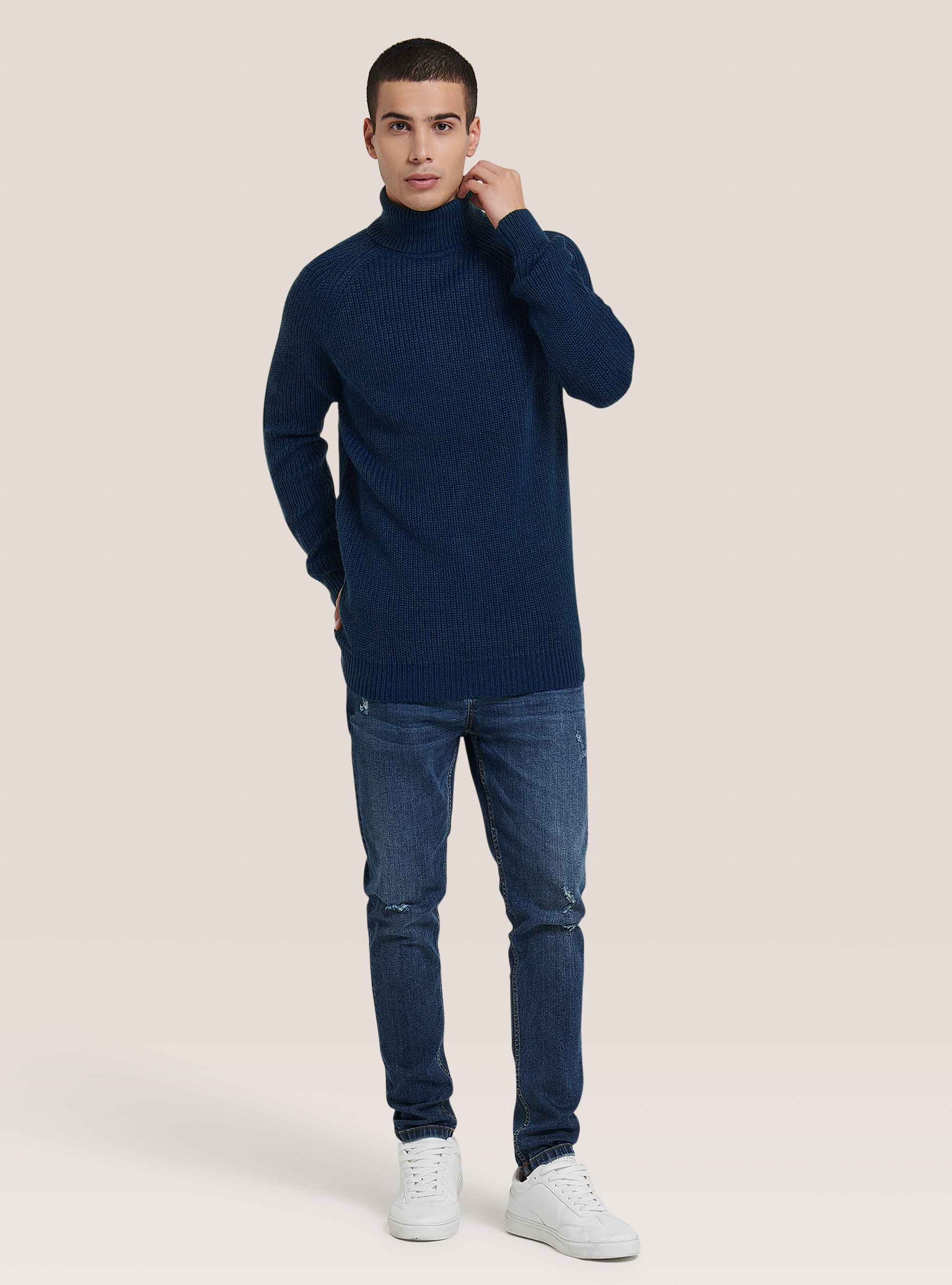 Pullover caldo collo alto a coste inglesi, MNA2 NAVY MEL MED