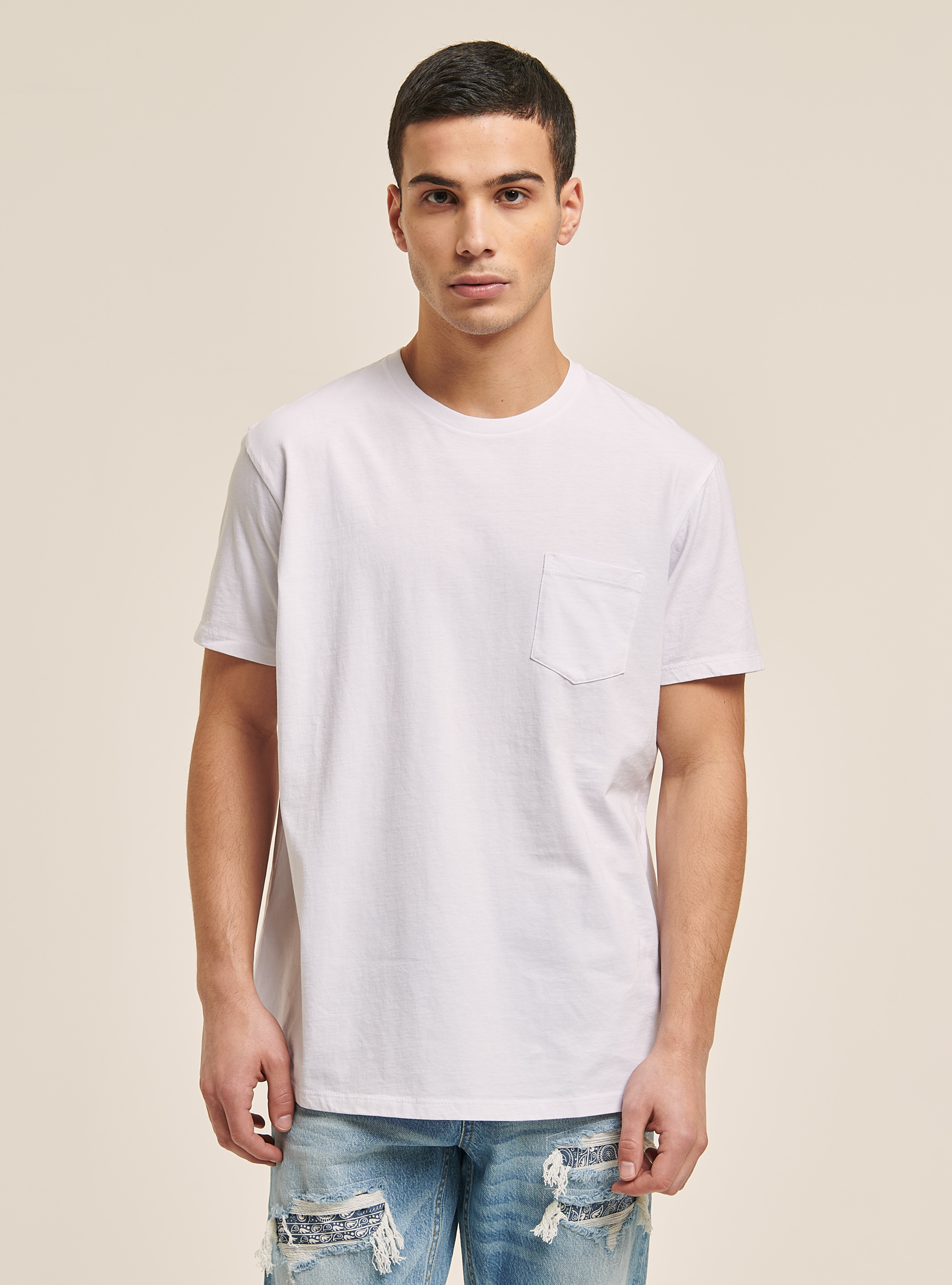 Camiseta de cuello redondo con bolsillo en el pecho, WH3 WHITE