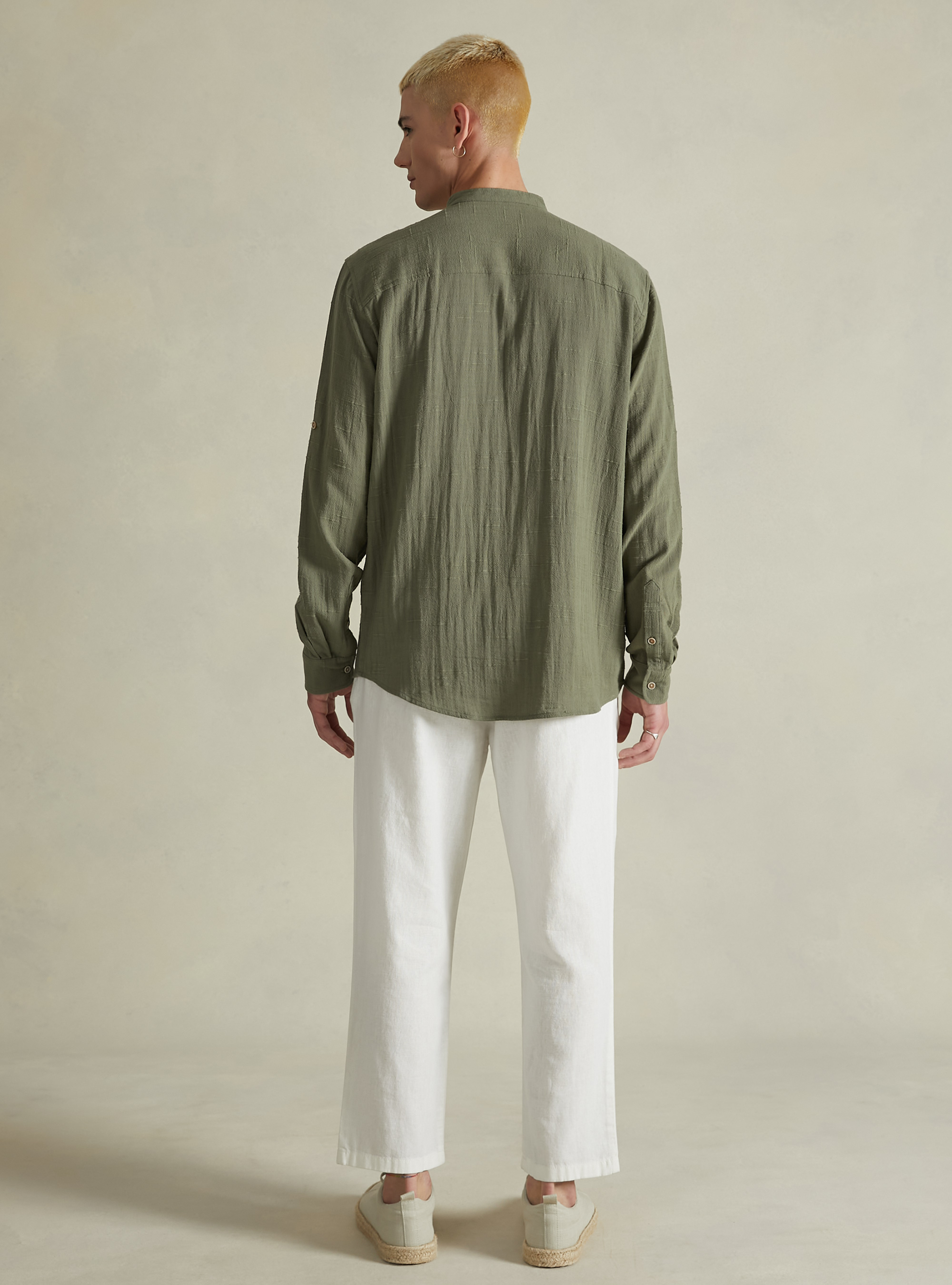 Camicia in misto lino con collo alla coreana, KY2 KAKY MEDIUM