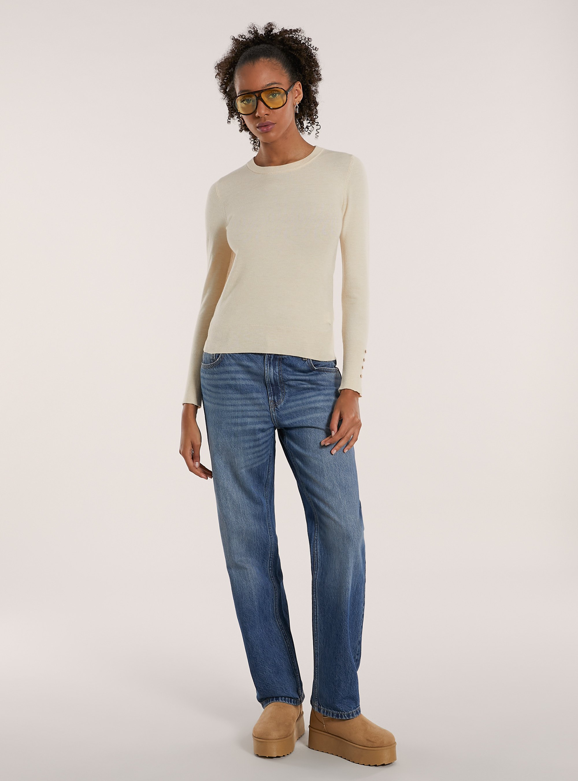 Maglia girocollo con bottoni, CR2 CREAM MEDIUM