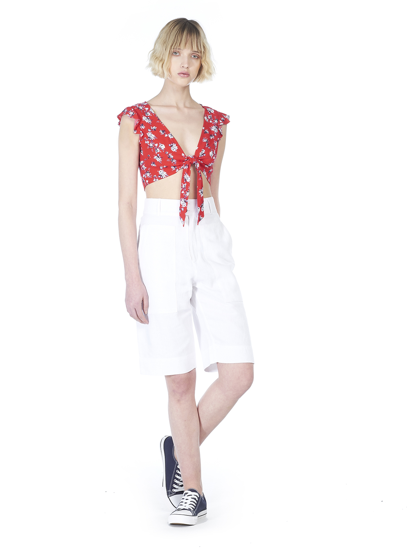 Top cropped con nodo e stampa a fiori, ROSSO