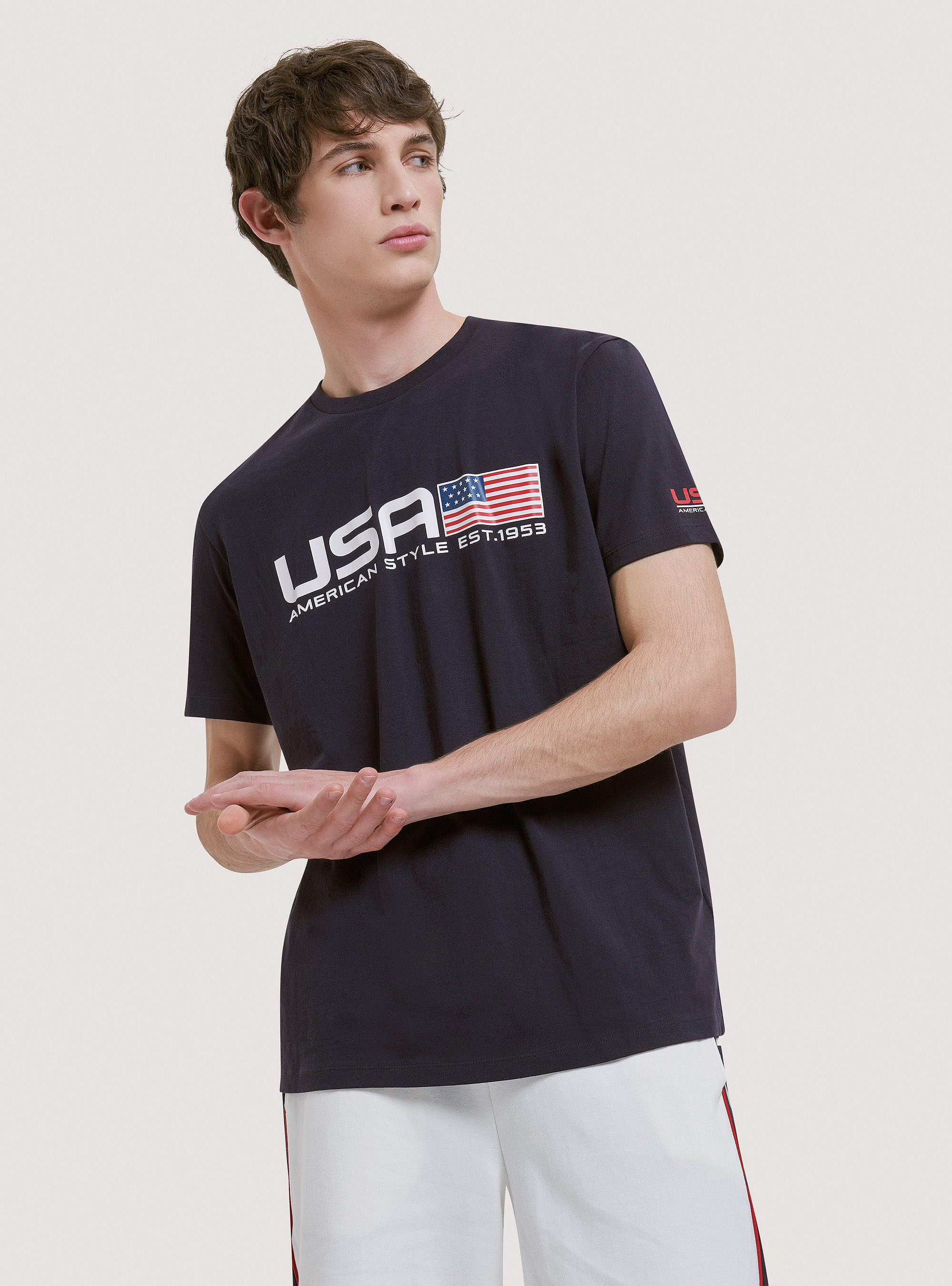 Cotton T-shirt with USA print, BLUE NAVY