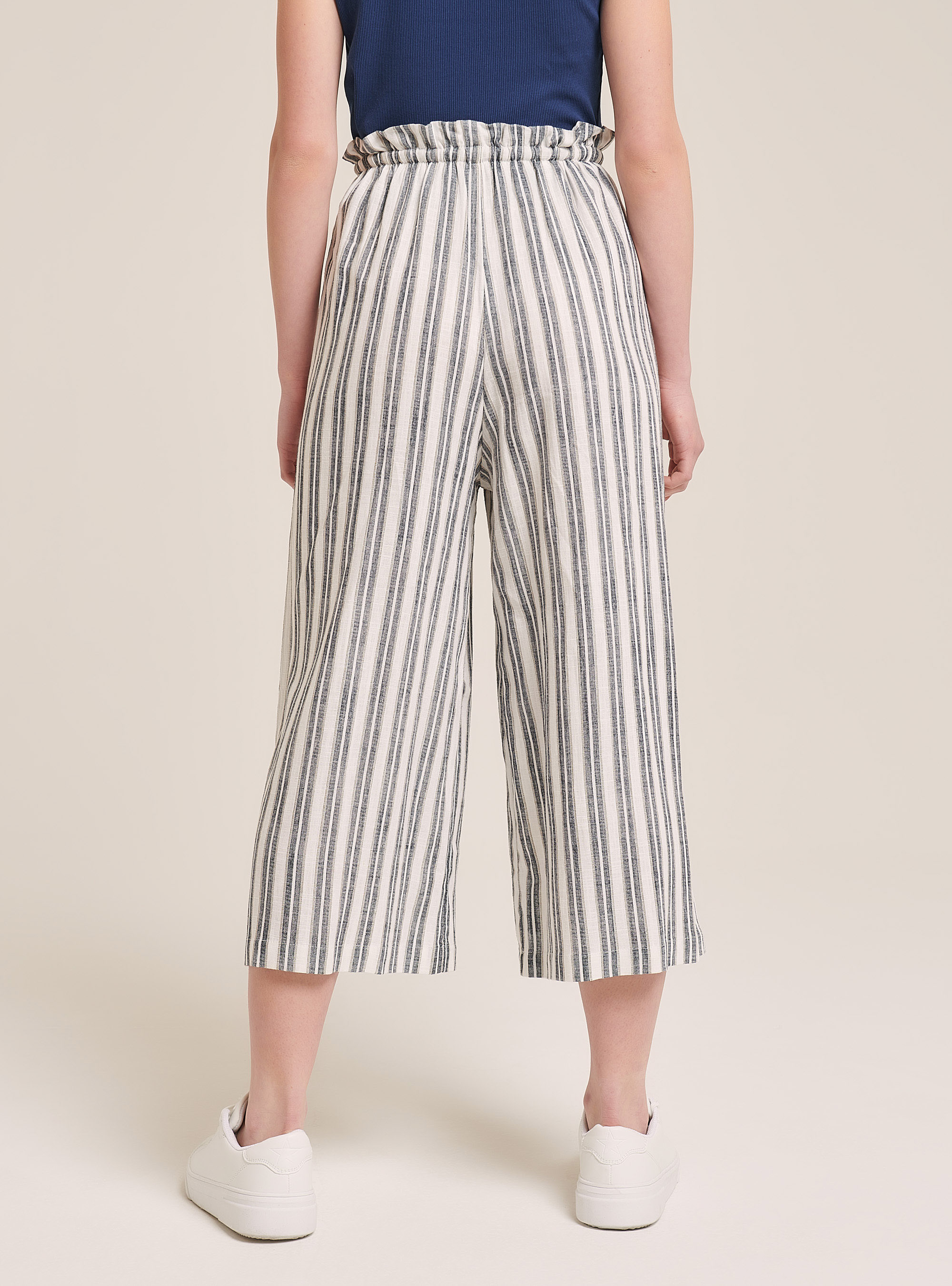 Pantaloni culotte a righe in misto lino, MULTICOLORE