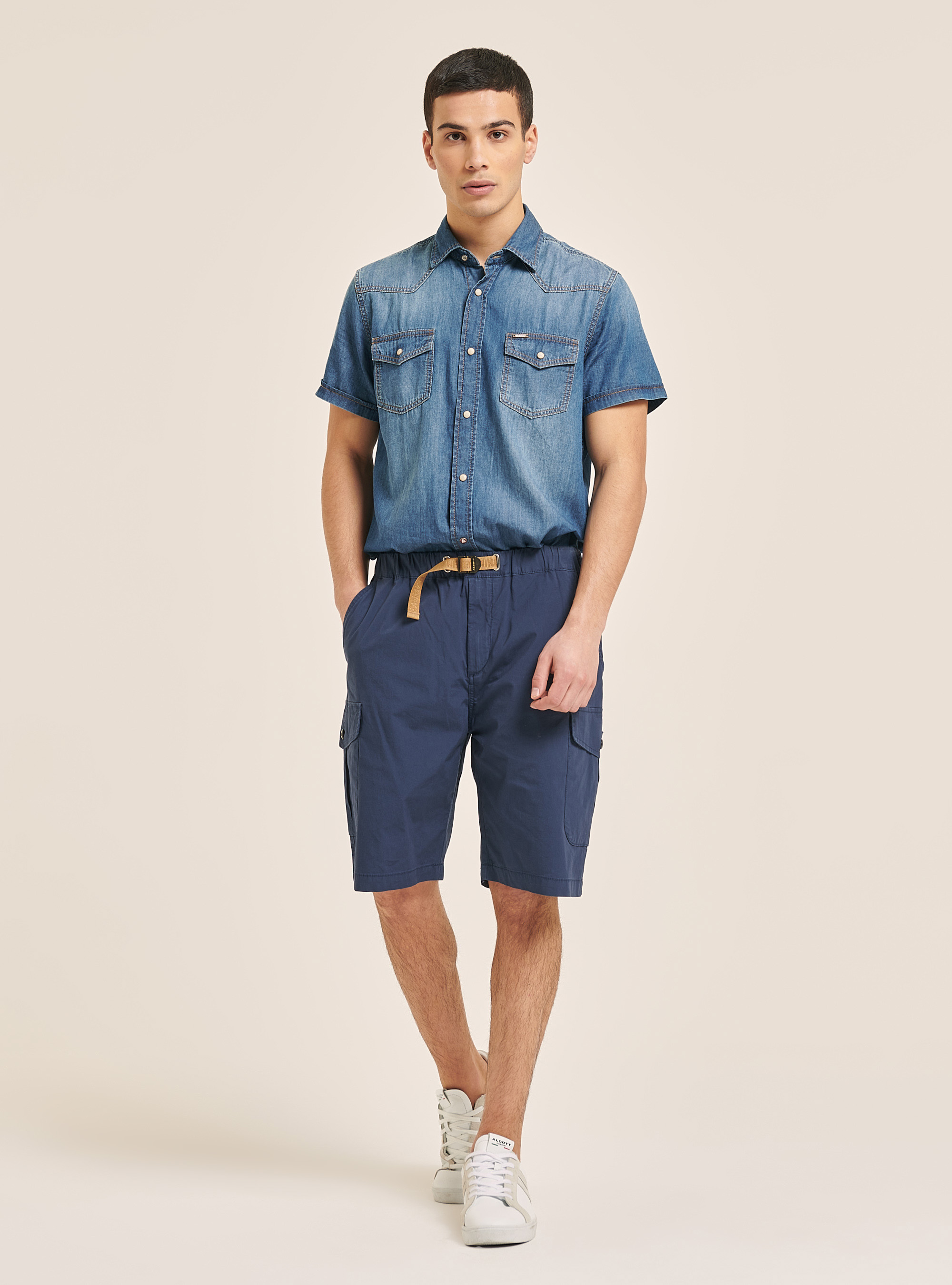 Cotton cargo bermuda with strap, BLUE