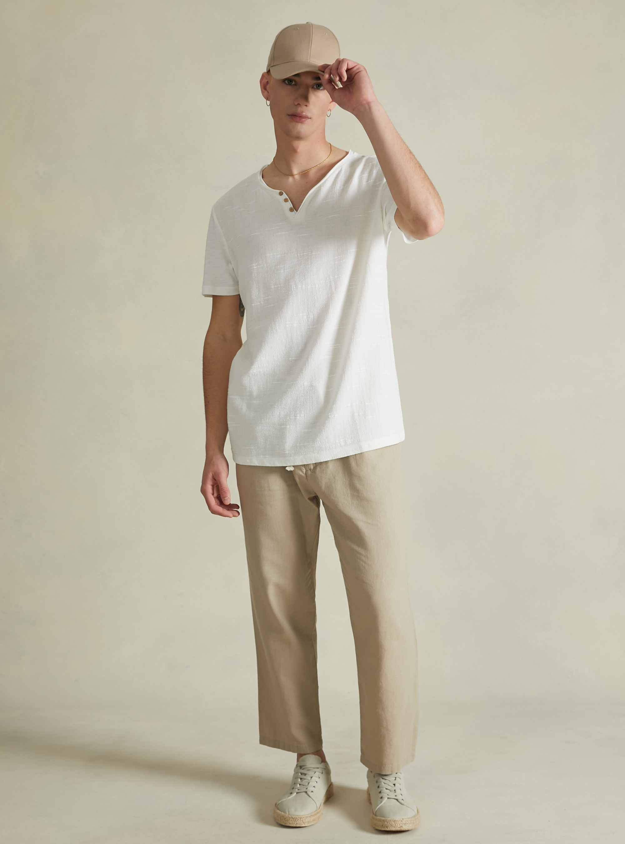 Linen blend V-neck T-shirt, WH2 WHITE
