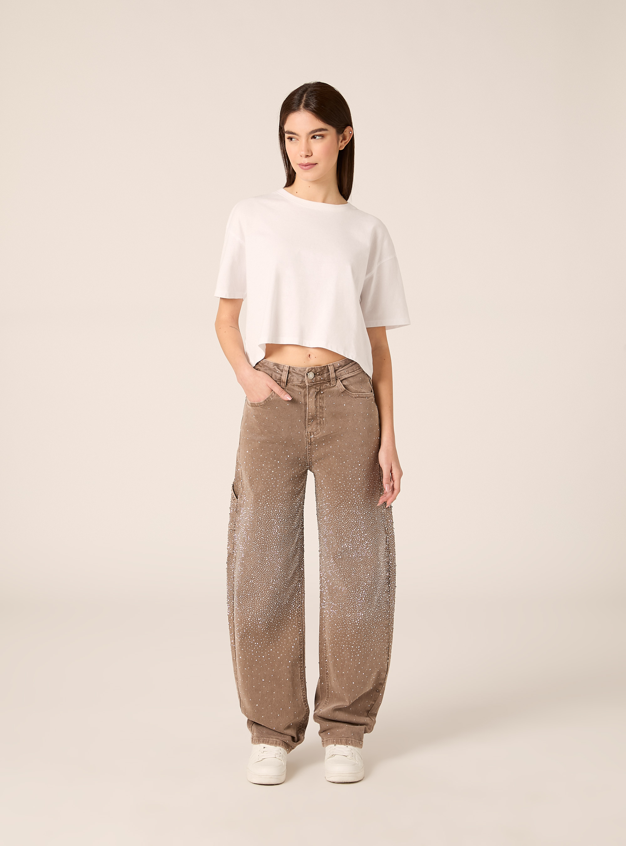 Baggy carpenter jeans colorato con strass, BR3 BROWN LIGHT