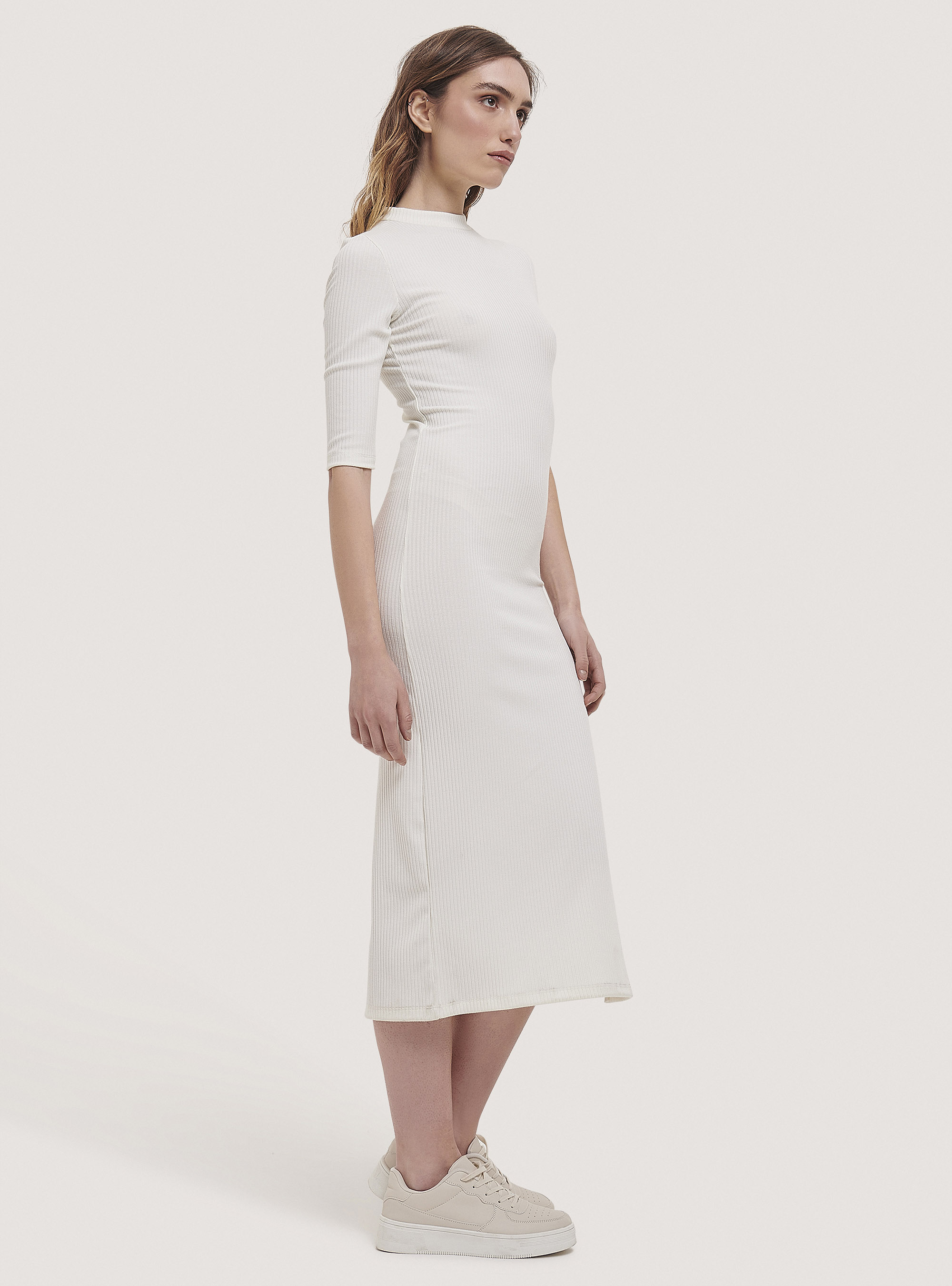 Ribbed midi dress with side slit, C0020 OFF WHITE