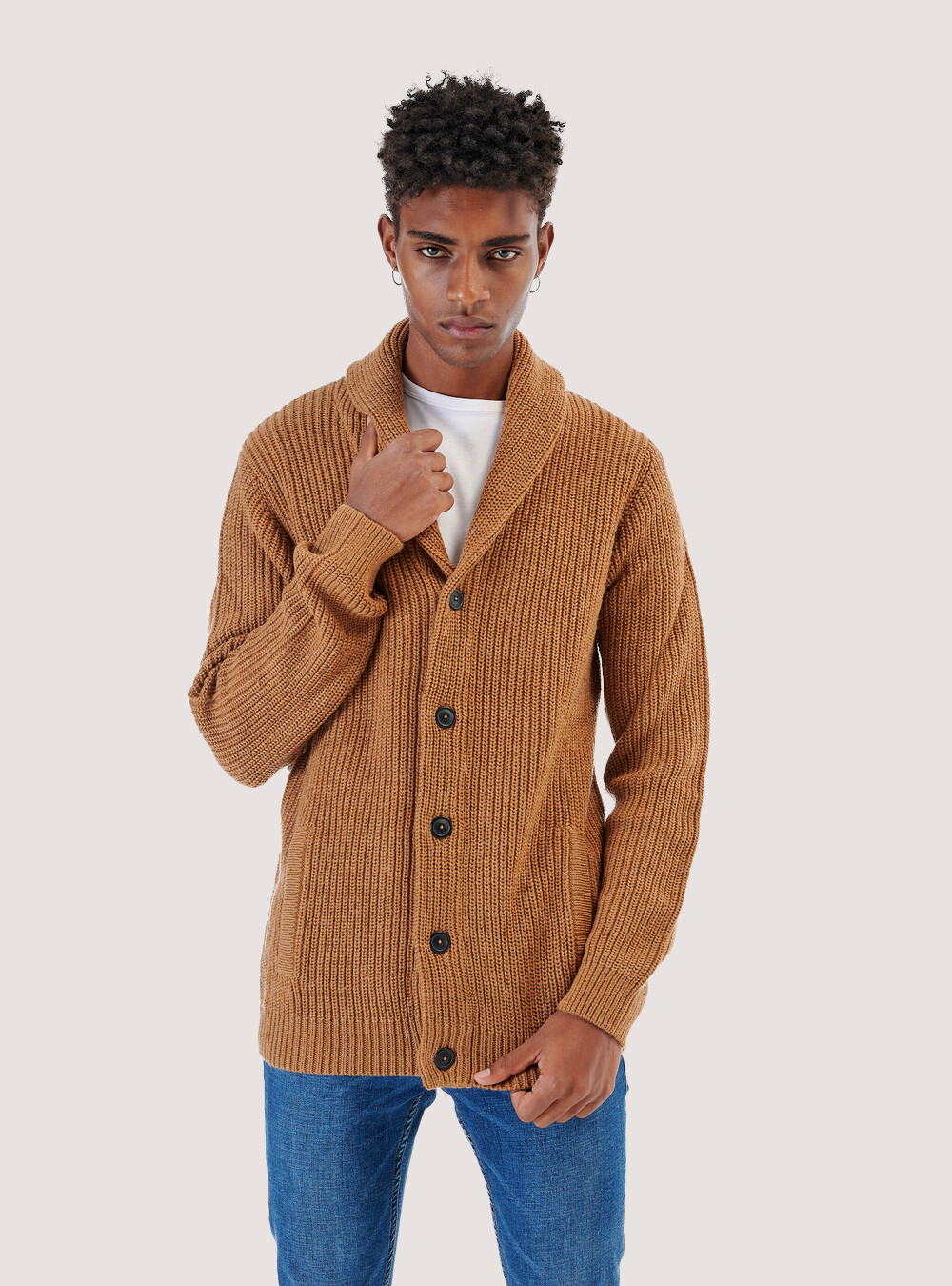Pullover cardigan costa inglese misto lana, CAMELLO