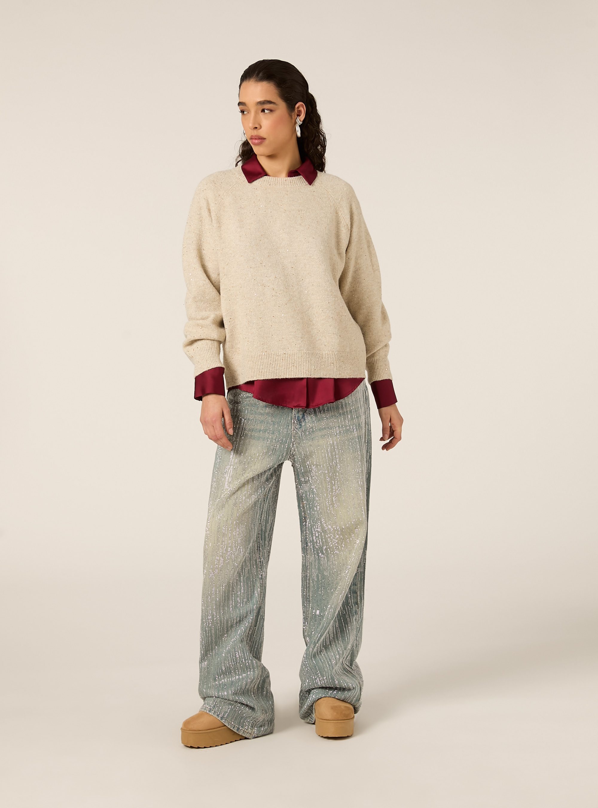 Maglia girocollo manica raglan in lurex, BG3 BEIGE LIGHT