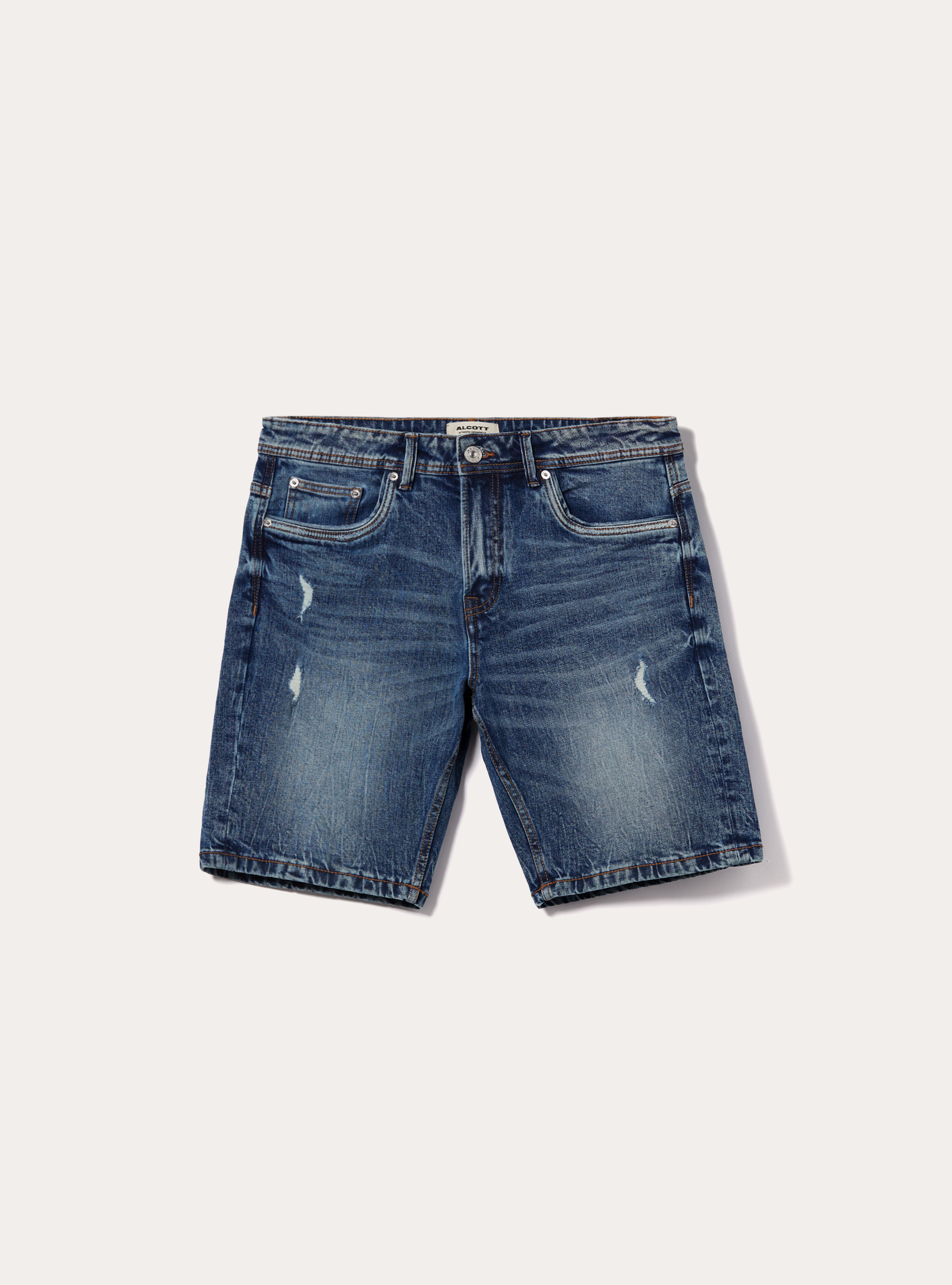 Stretch denim slim fit bermuda shorts with rips, D002 MEDIUM DARK BLUE