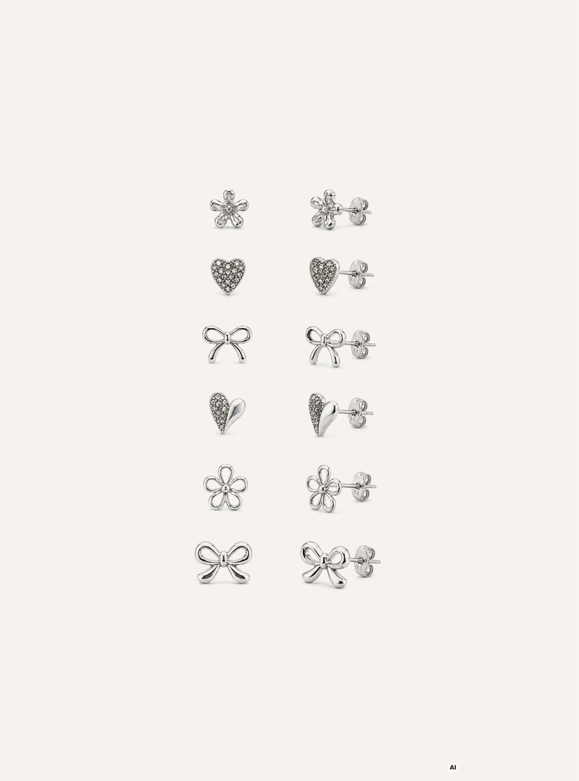 Set of stud earrings with assorted shapes, Silver