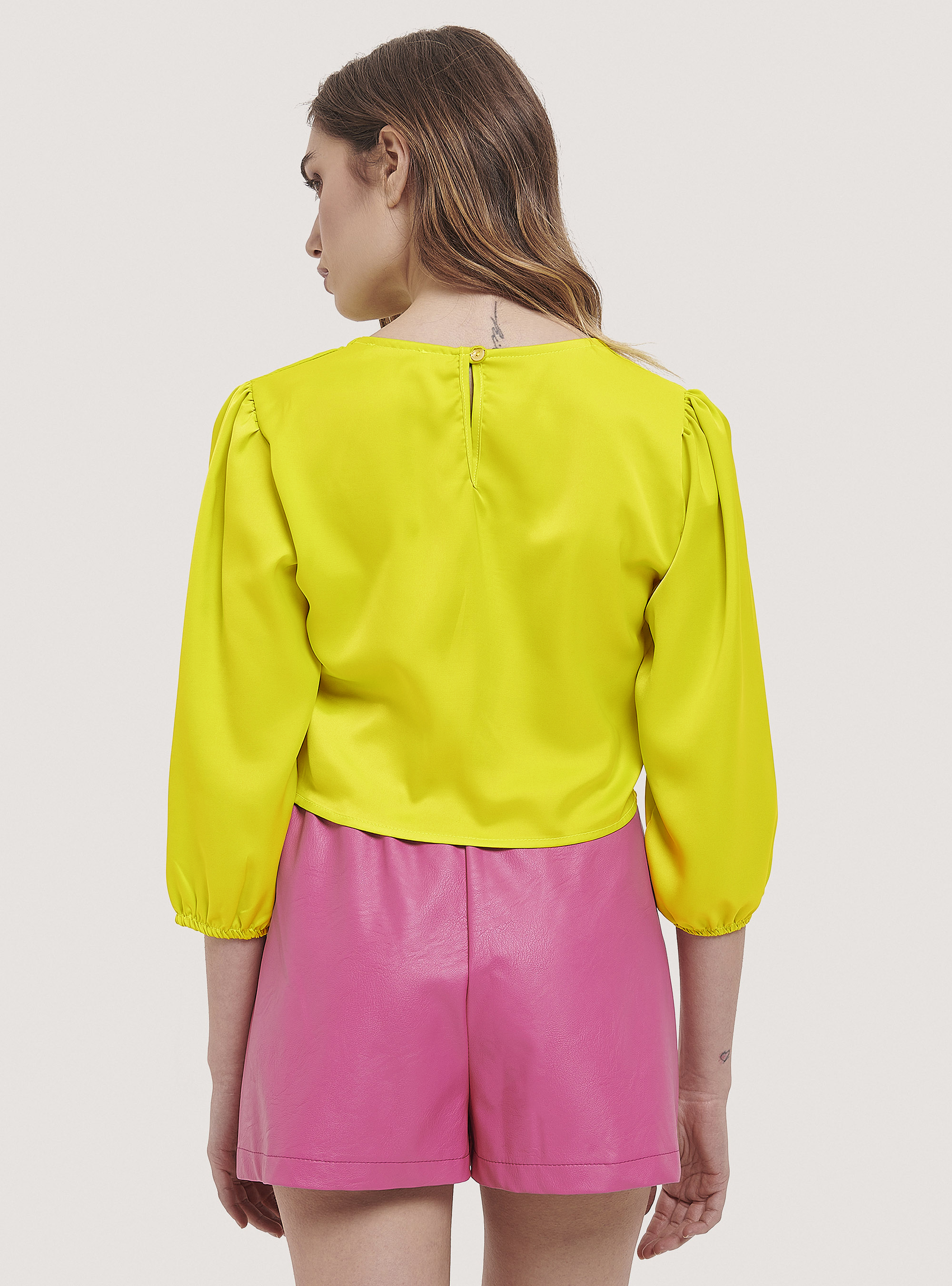 Blusa de raso con nudo, C785 YELLOW