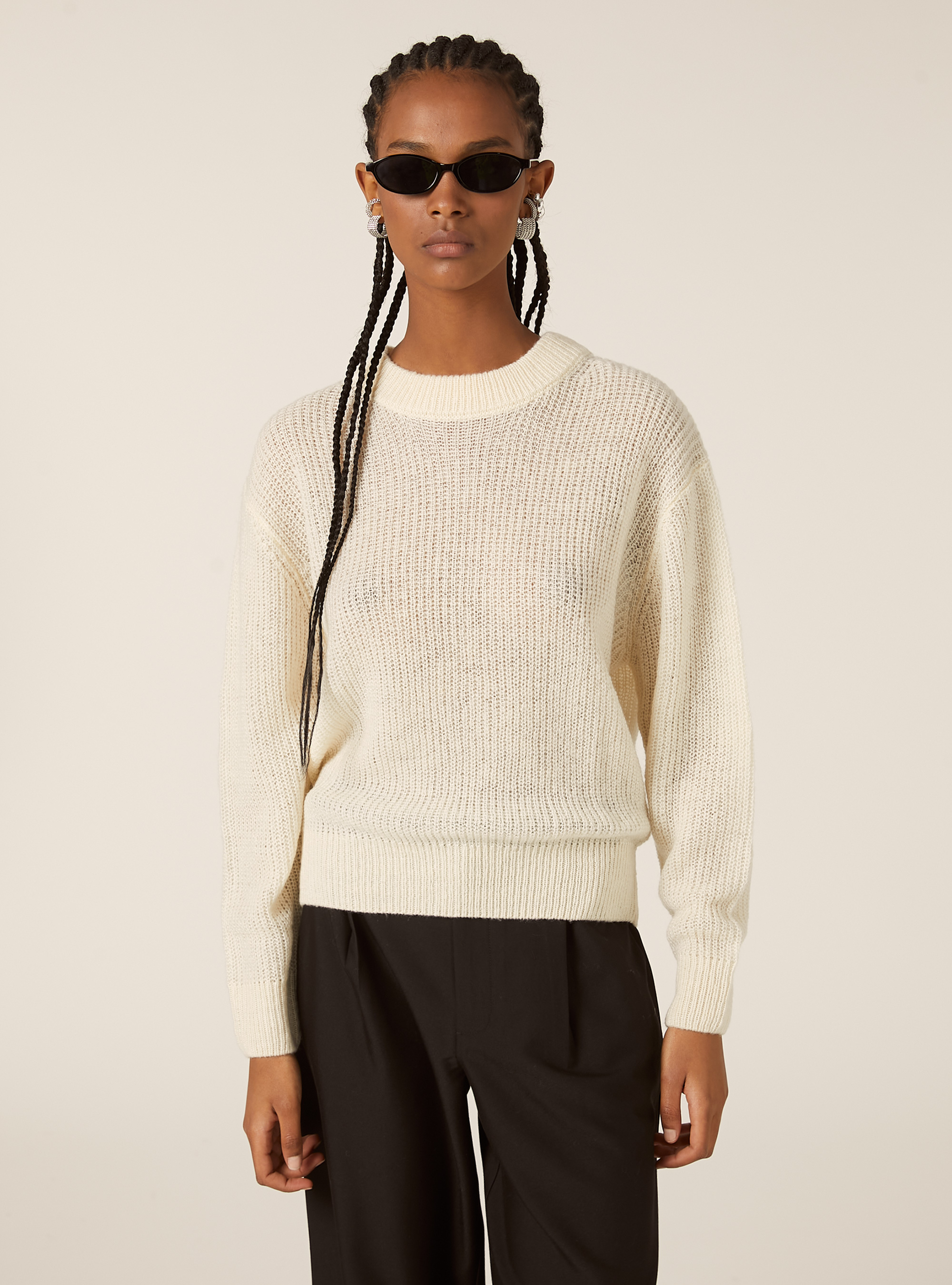 Pullover girocollo tinta unita, MWH1 WHITE MEL DARK