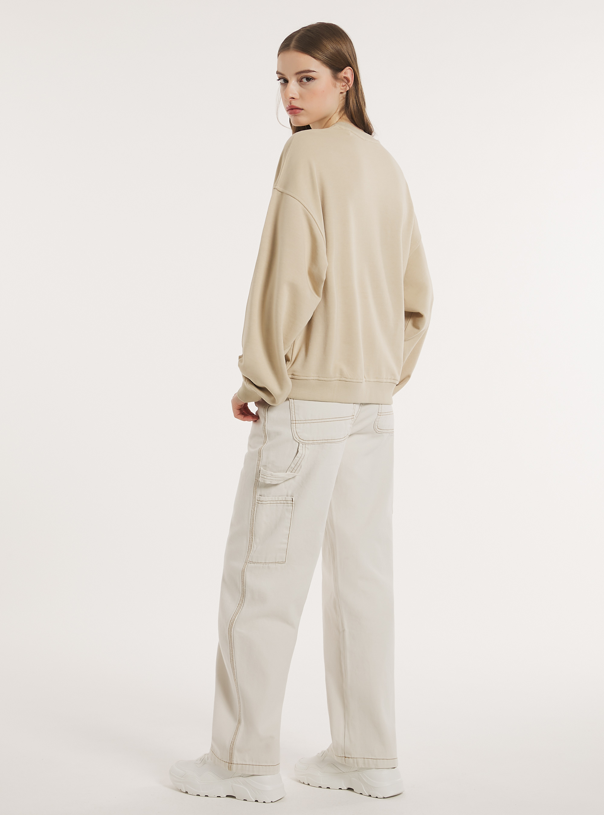Plain cotton crew-neck sweatshirt, BG2 BEIGE MEDIUM