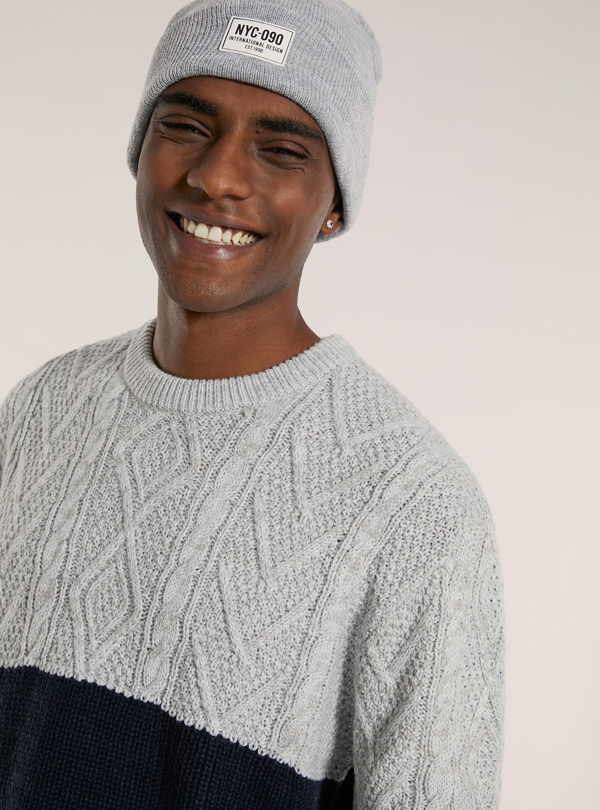 Pullover color block in misto lana con lavorazione a trecce, GY3 GREY LIGHT