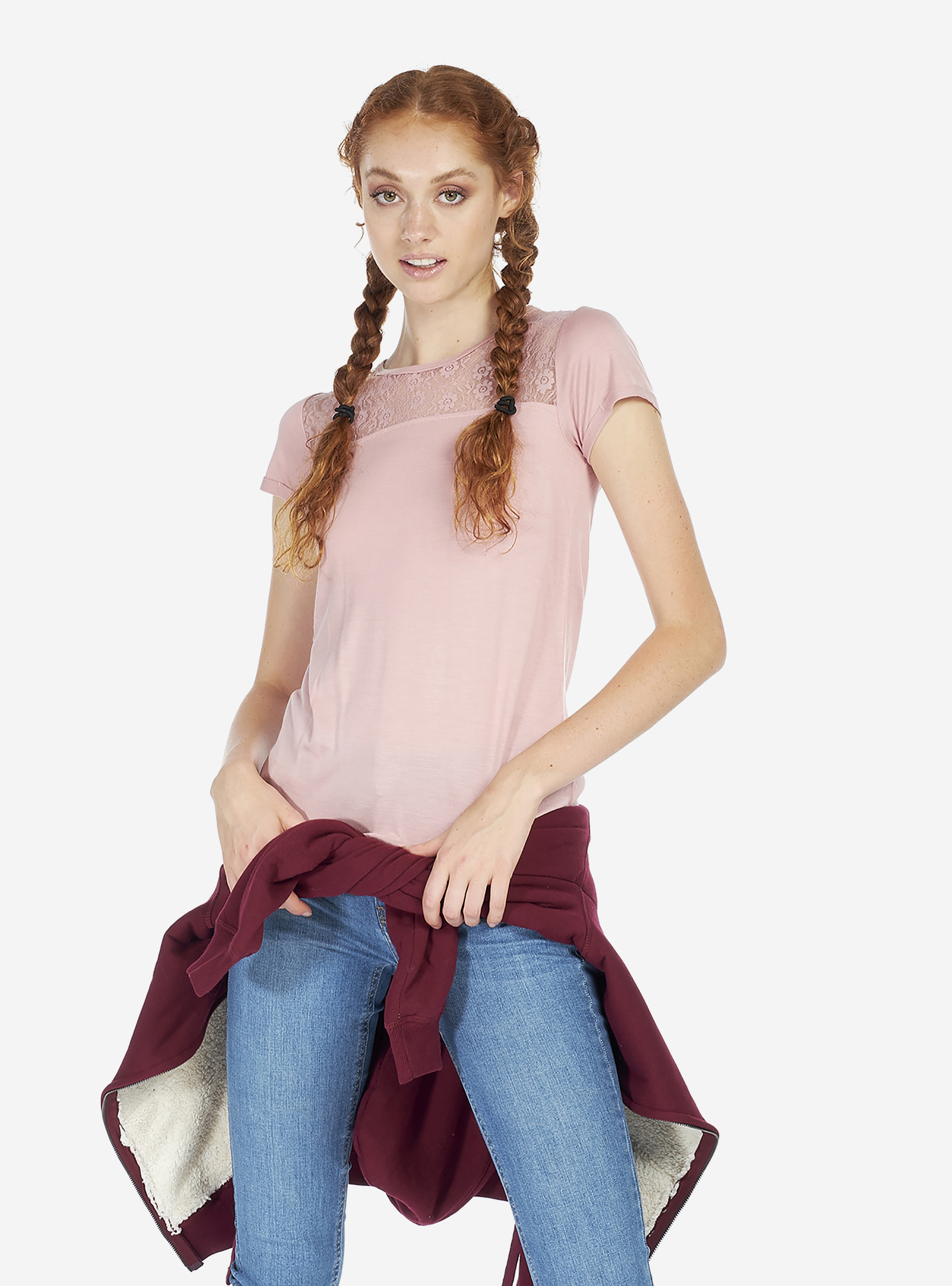 Maglietta comfort fit con dettagli in pizzo, ROSA