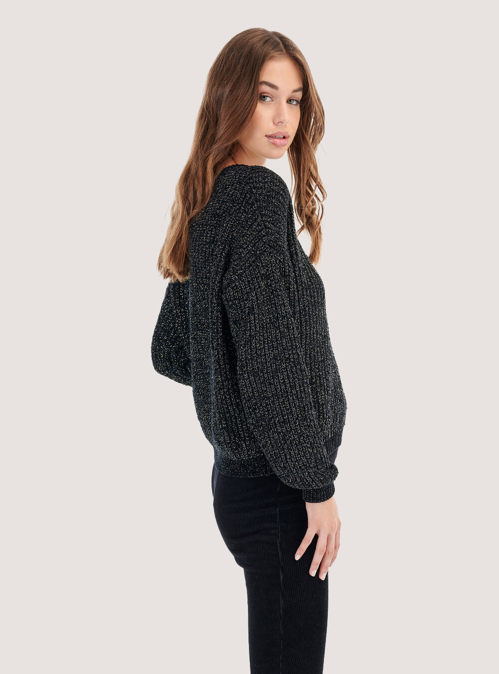 Pullover in ciniglia con filo lurex, NERO