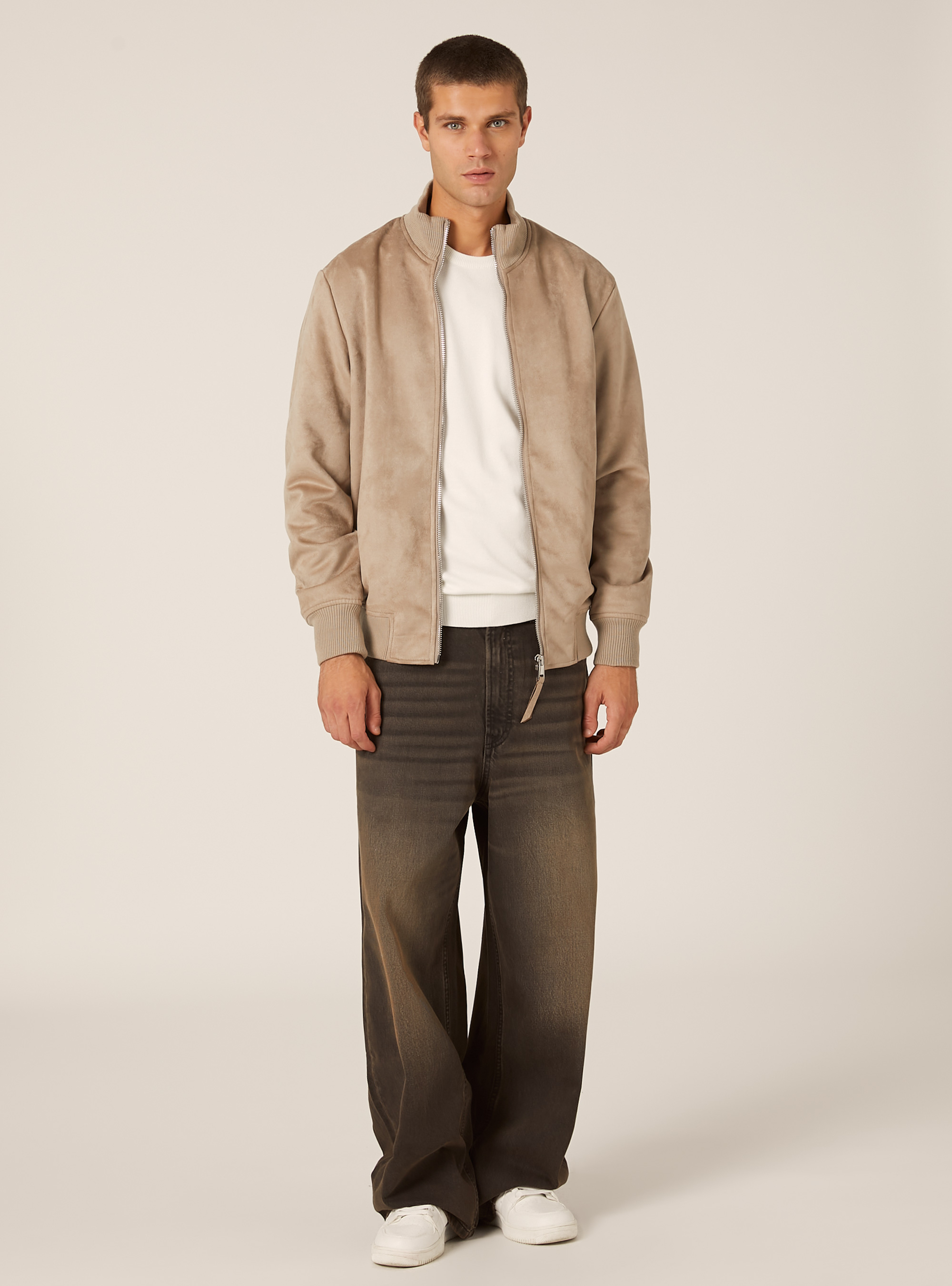 Suede-effect bomber jacket, SA2 SAND MEDIUM
