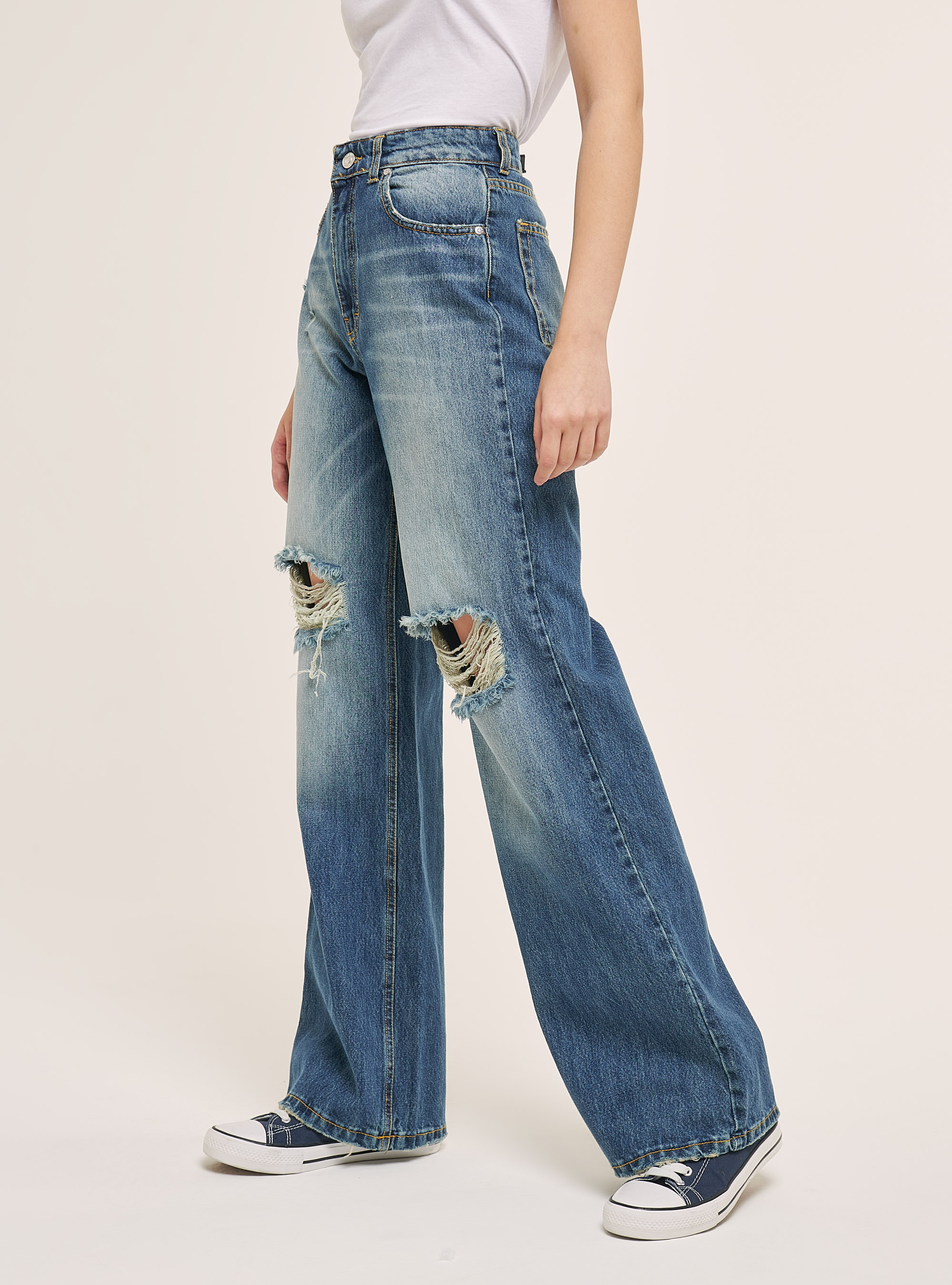 Jeans mit weitem Bein und Rissen, C218 BLUE NAVY