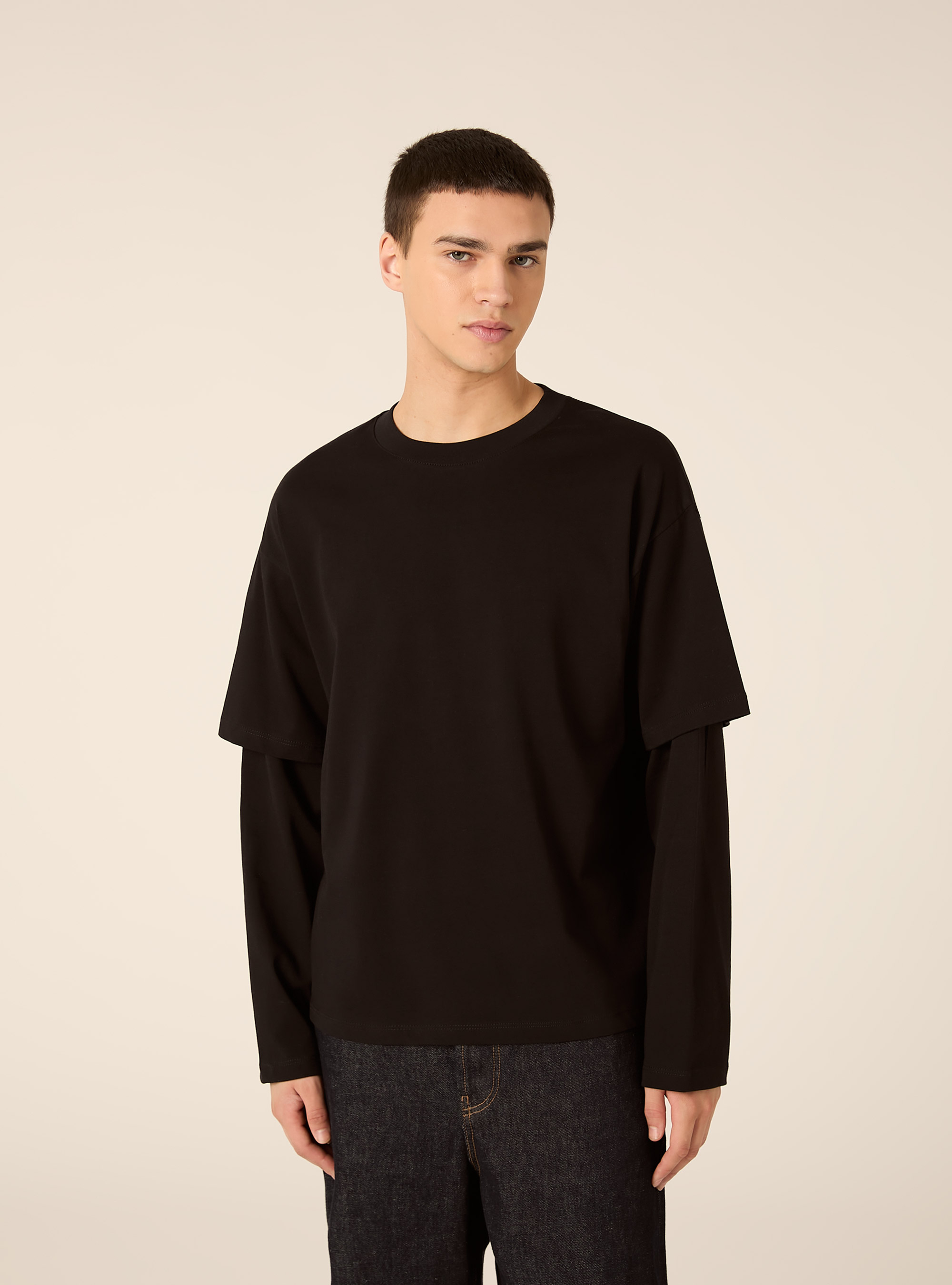 T-shirt manica lunga con dettaglio mezza manica, BK1 BLACK