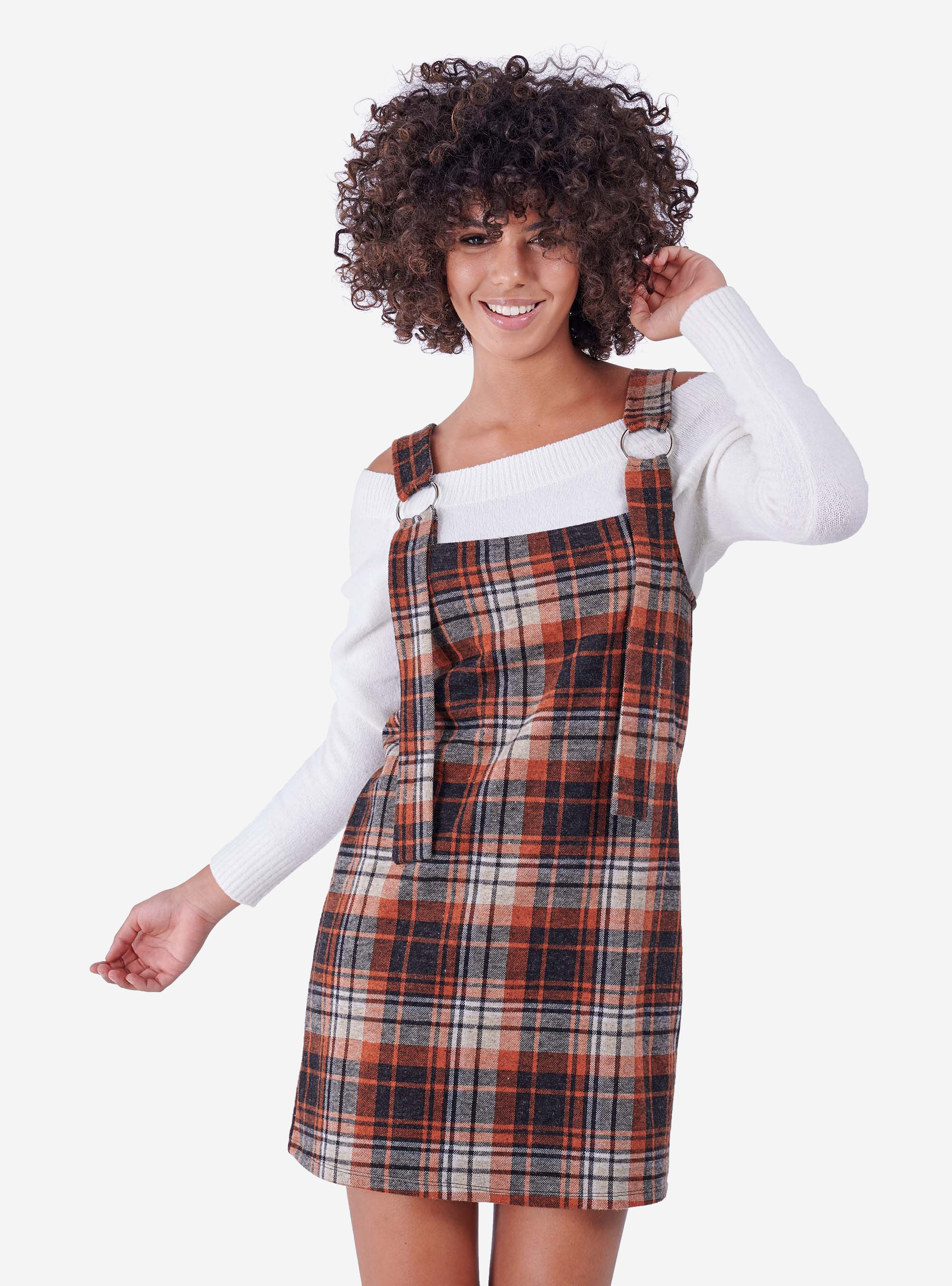 CHECKED SHORT DUNGAREES, CHECK BROWN