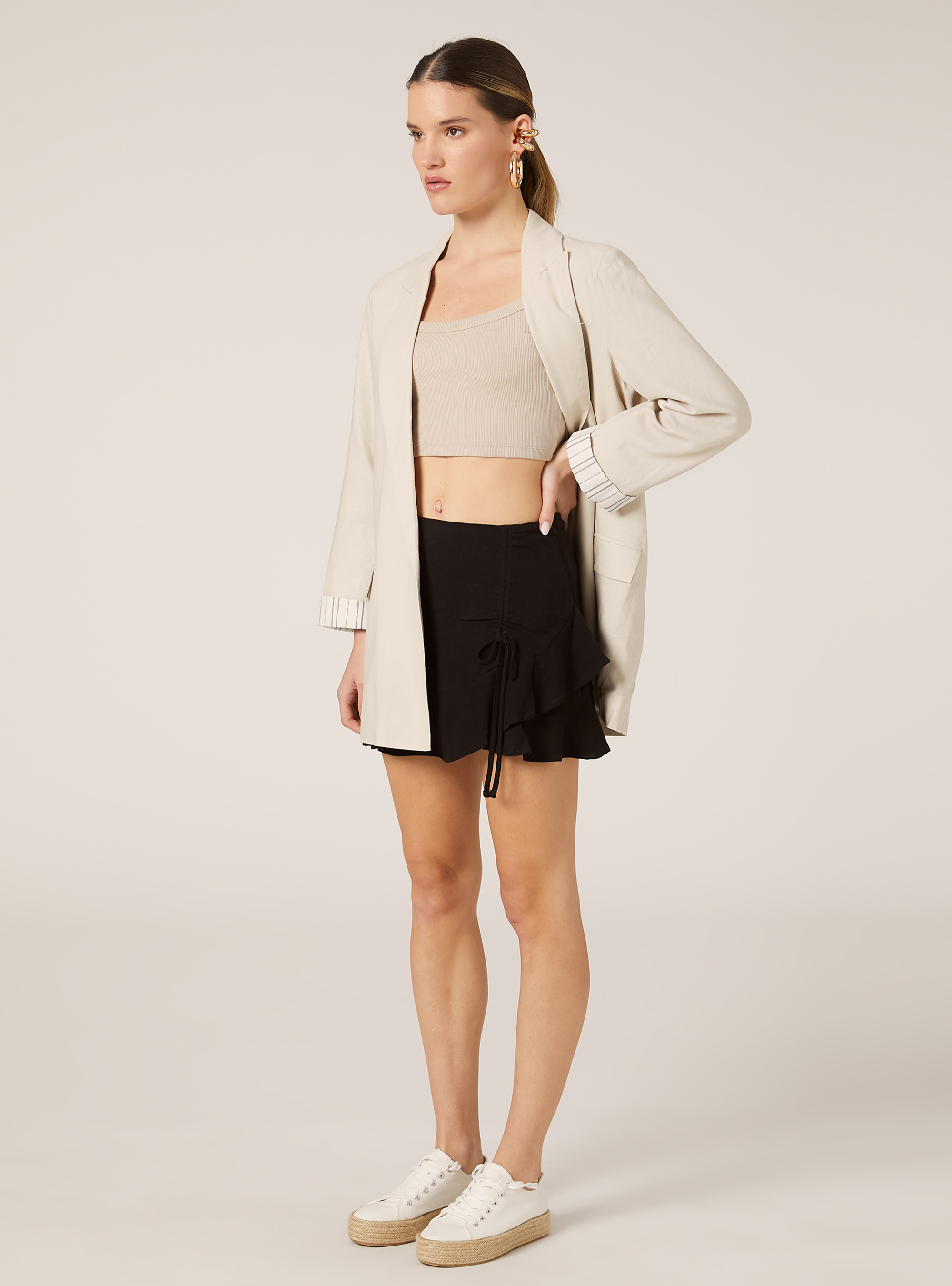 Mini jupe &agrave; volants en lin m&eacute;lang&eacute;, BK1 BLACK