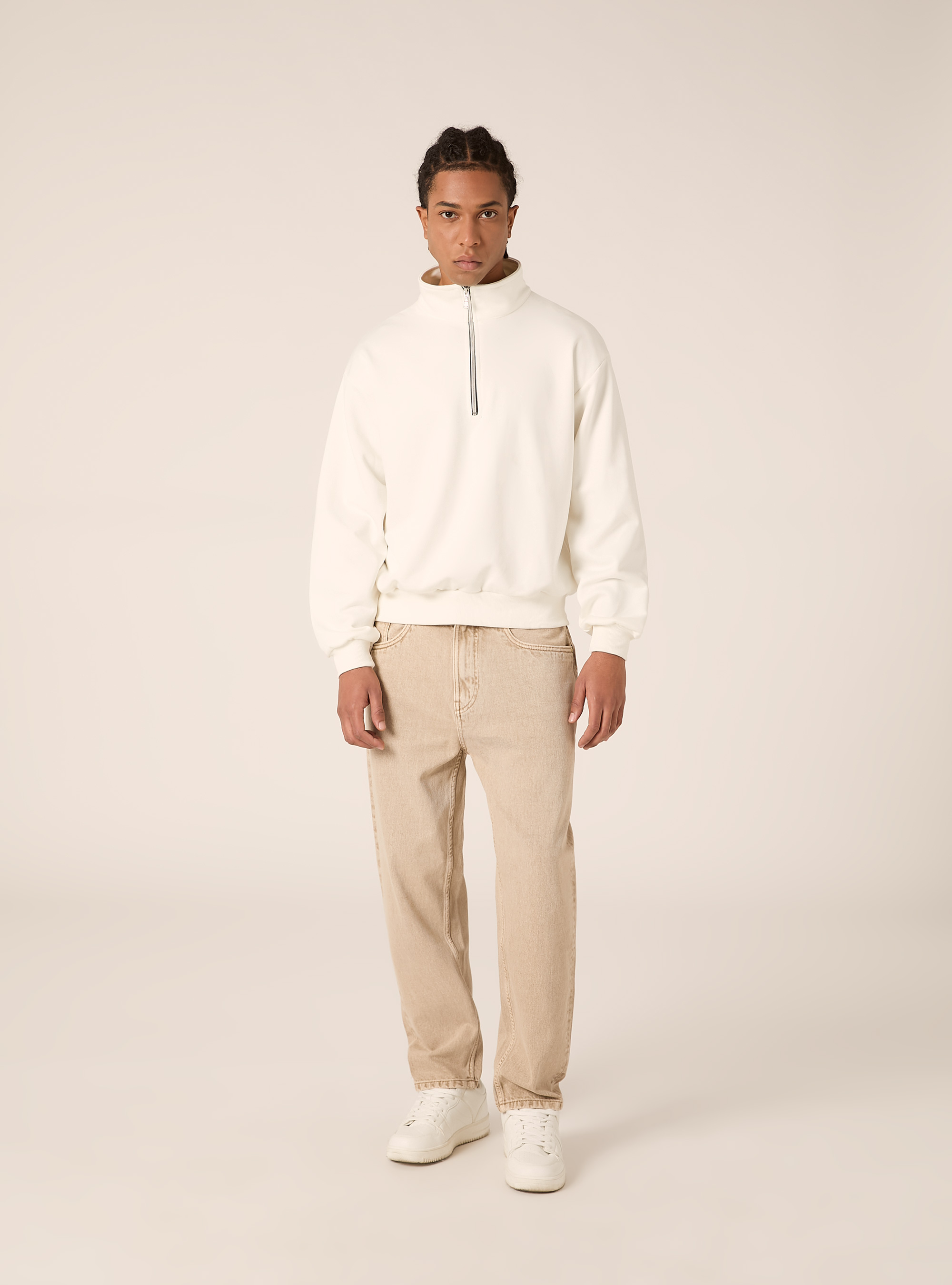Felpa mezzo collo con zip boxy fit, WH1 OFF WHITE
