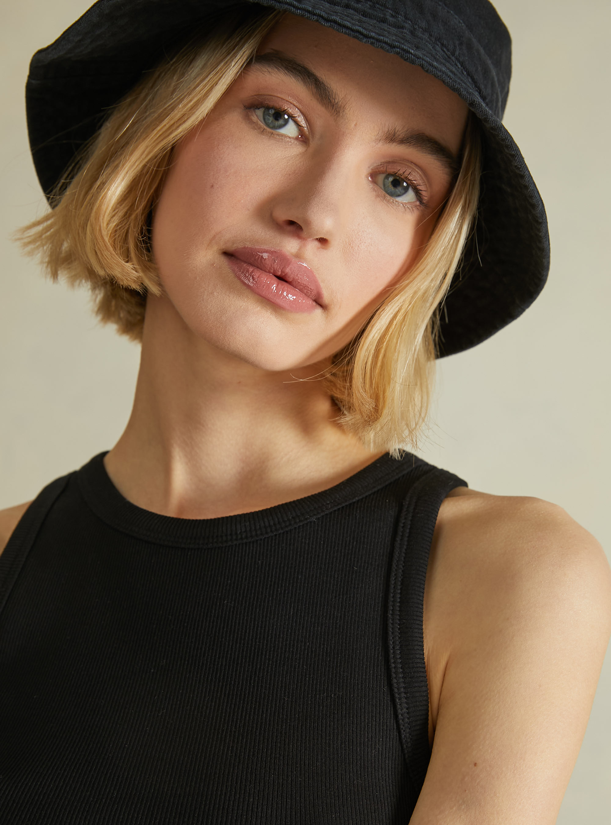 Cropped tank top in rib, BK1 BLACK