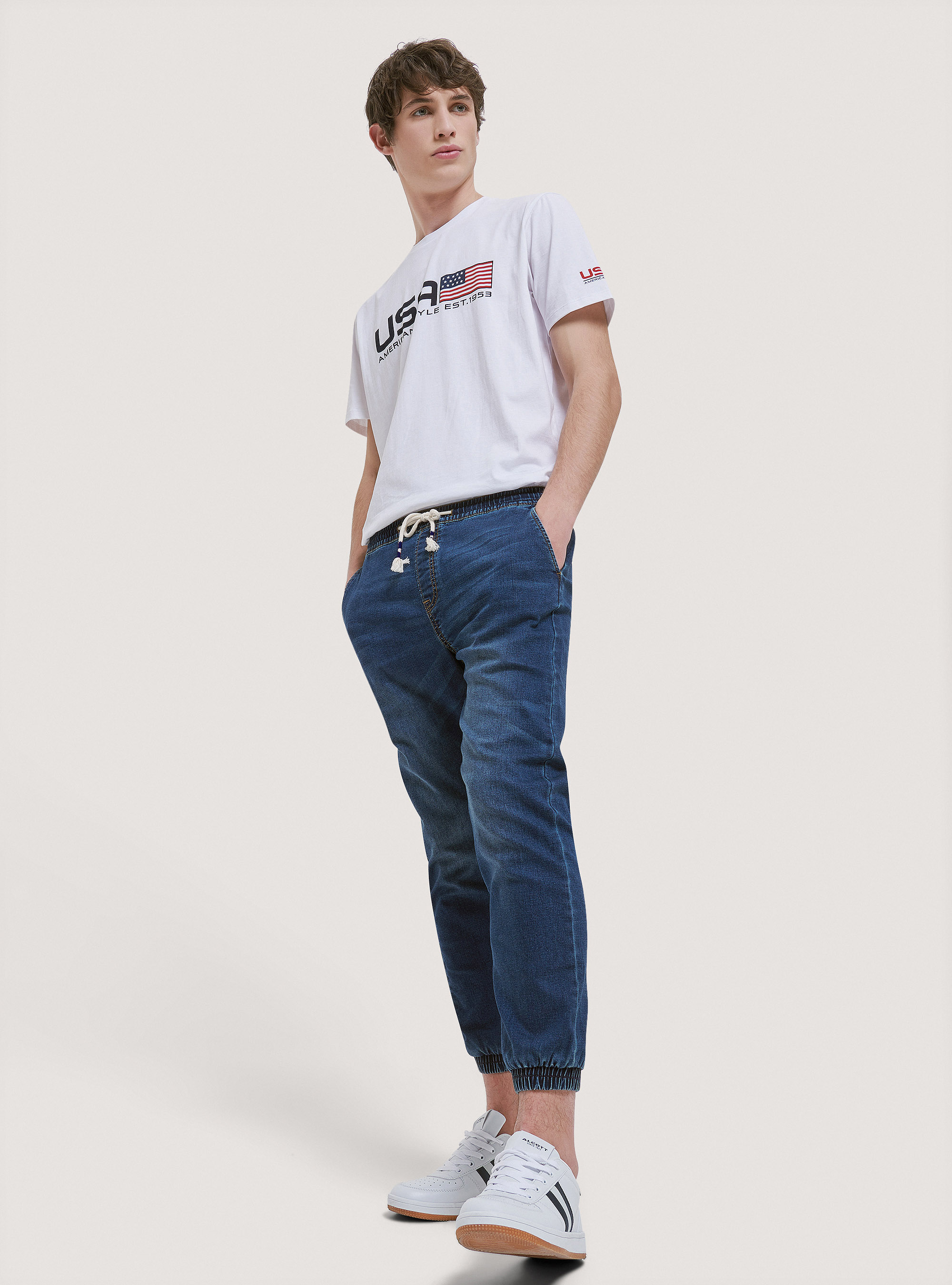 Stretch denim jogger trousers