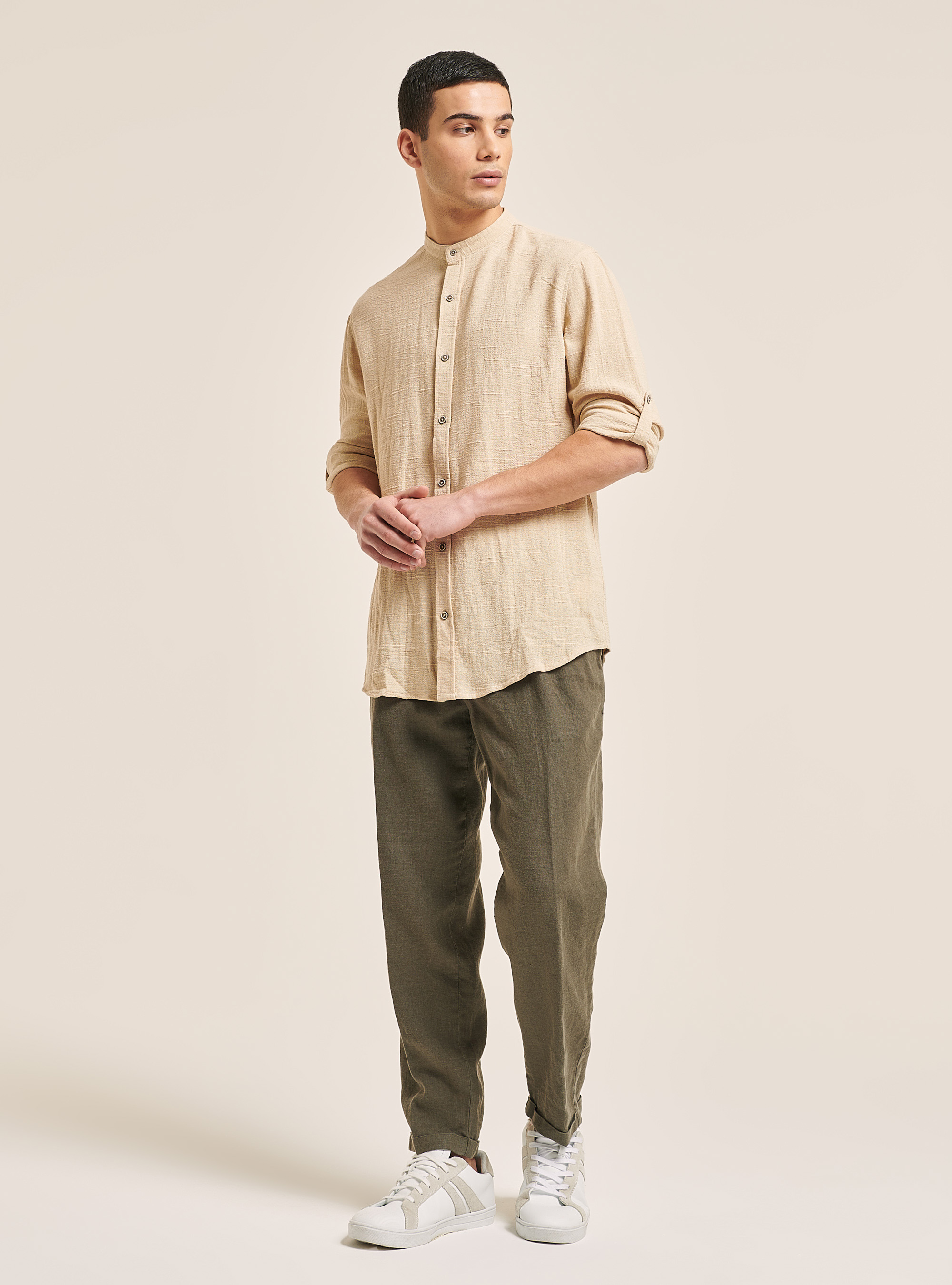 Chemise en lin mélangé avec col coréen, C141 CREAM