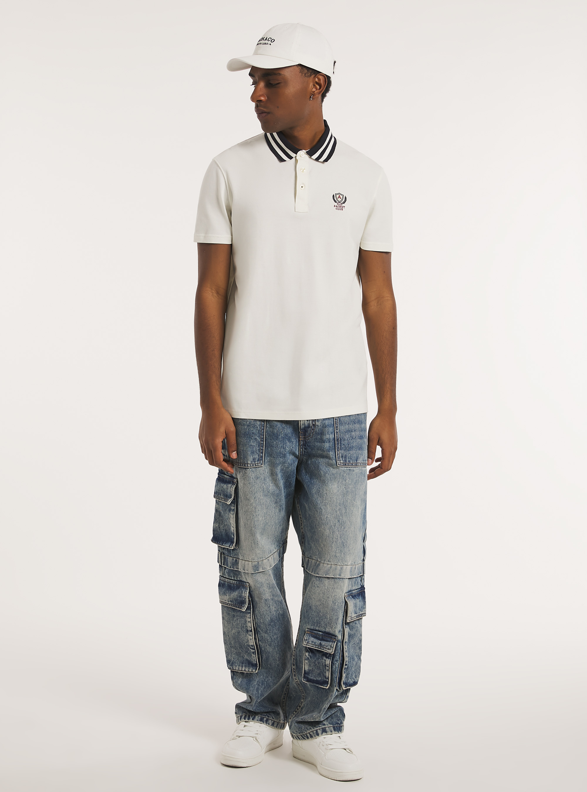 Cotton polo shirt with embroidery, C0020 OFF WHITE