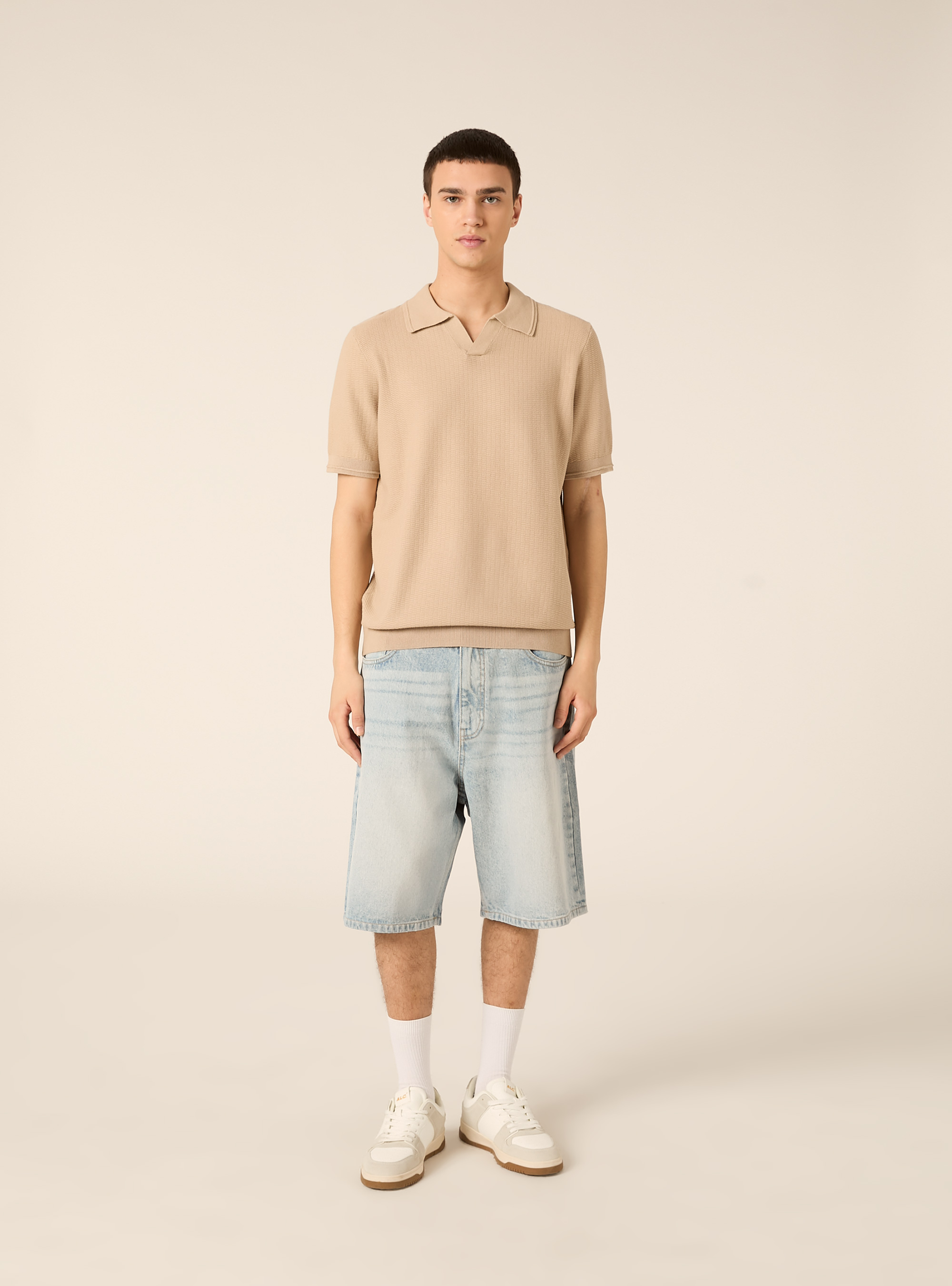 Polo derby in maglia in misto cotone, BG2 BEIGE MEDIUM