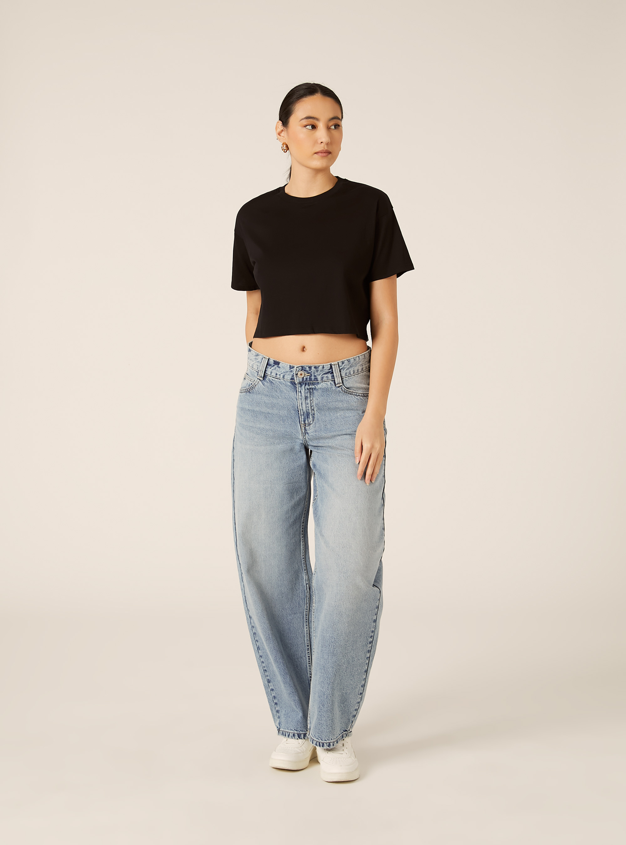 T-shirt crop over tinta unita, BK1 BLACK