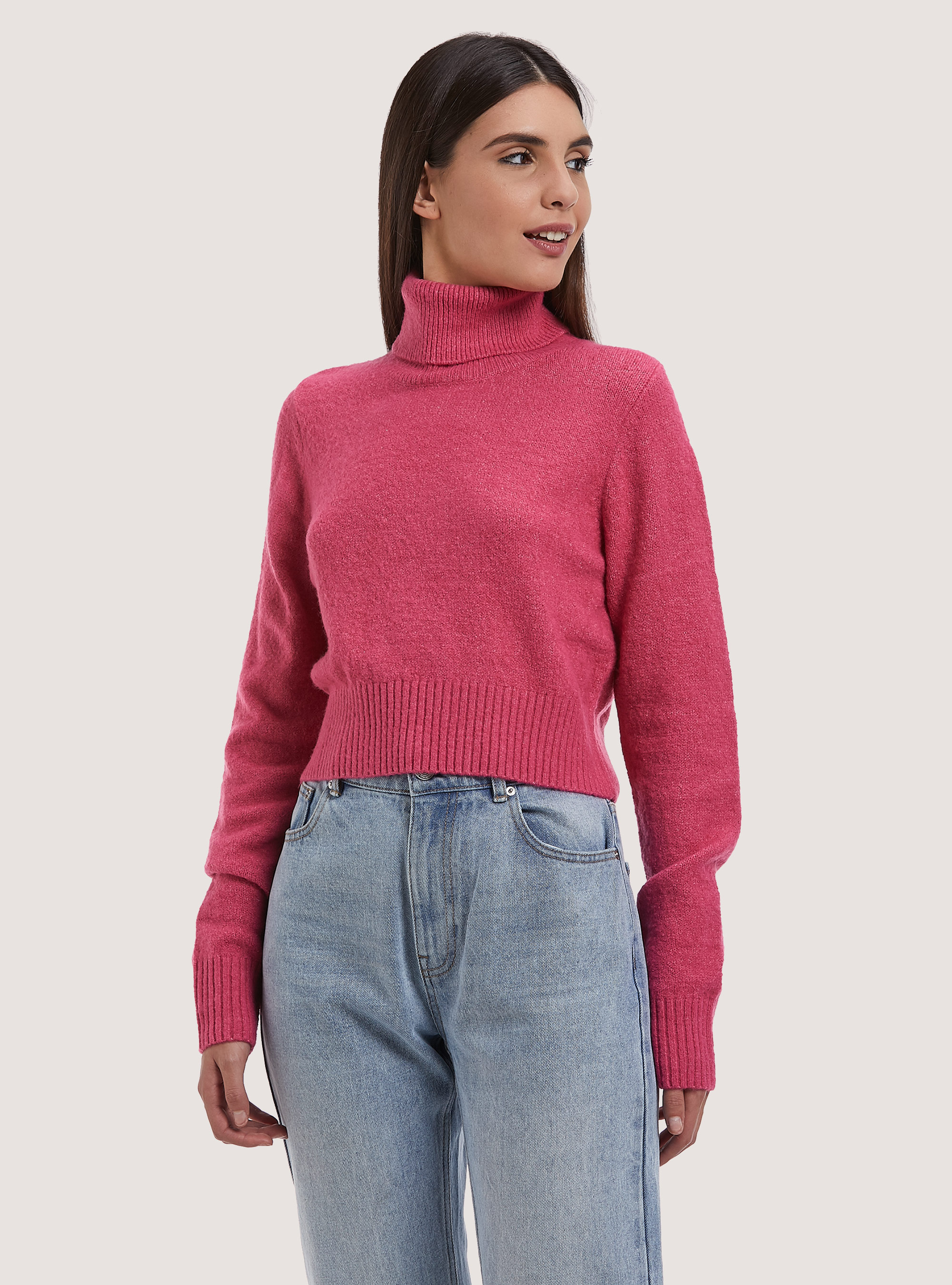 Pullover morbido cropped a collo alto, FX3 FUXIA LIGHT