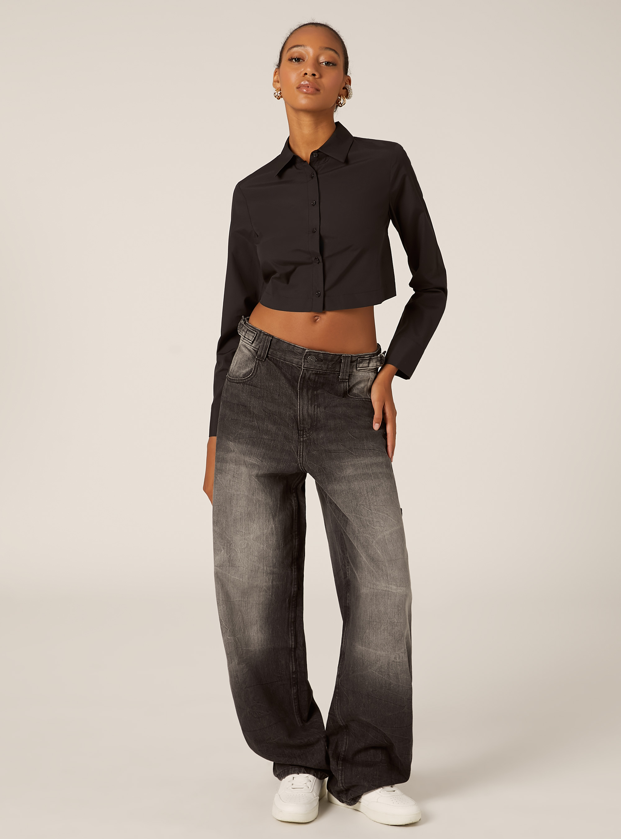 Cropped poplin shirt, BK1 BLACK