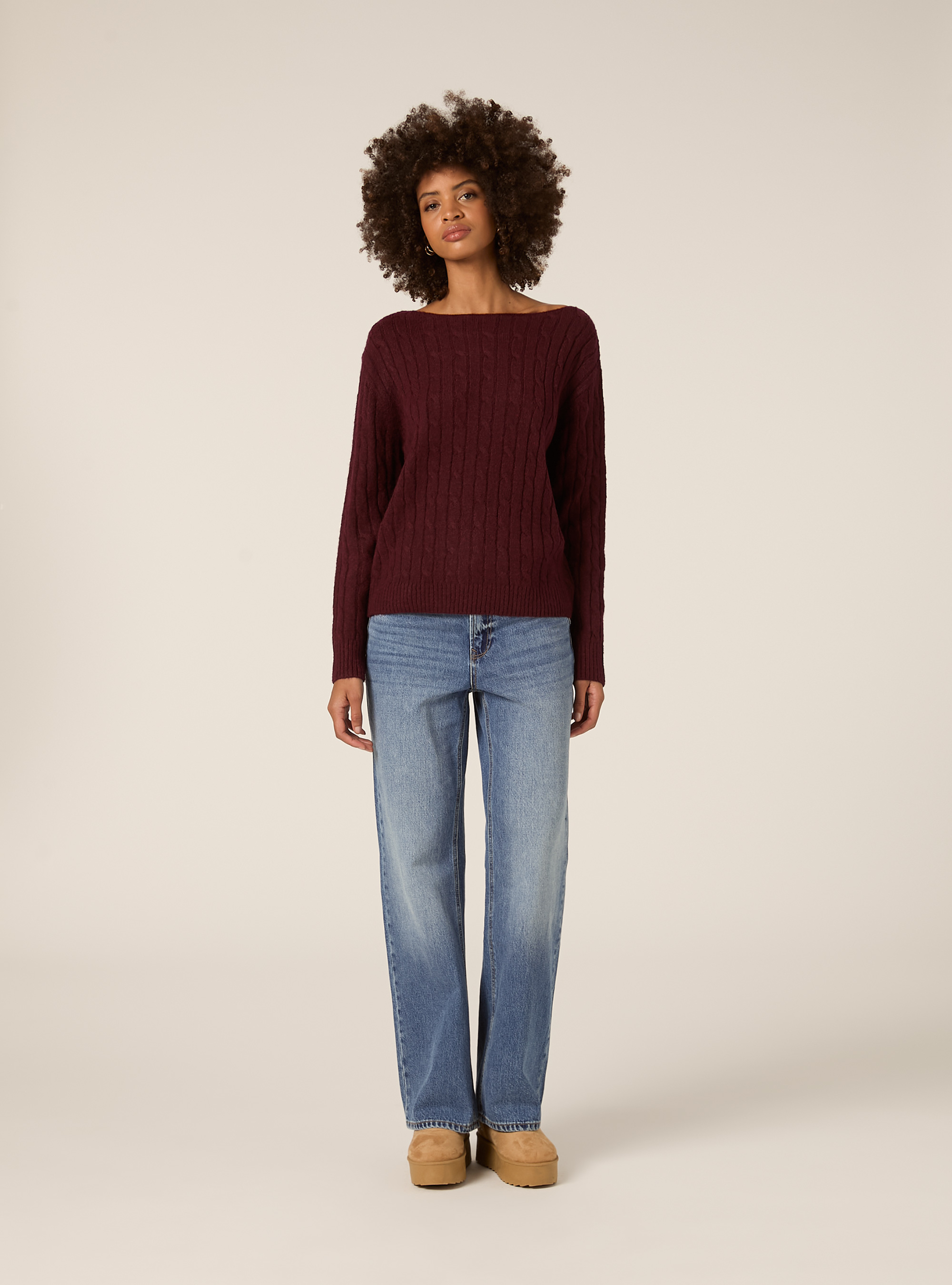 Maglia scollo barca a trecce, BO1 BORDEAUX DARK