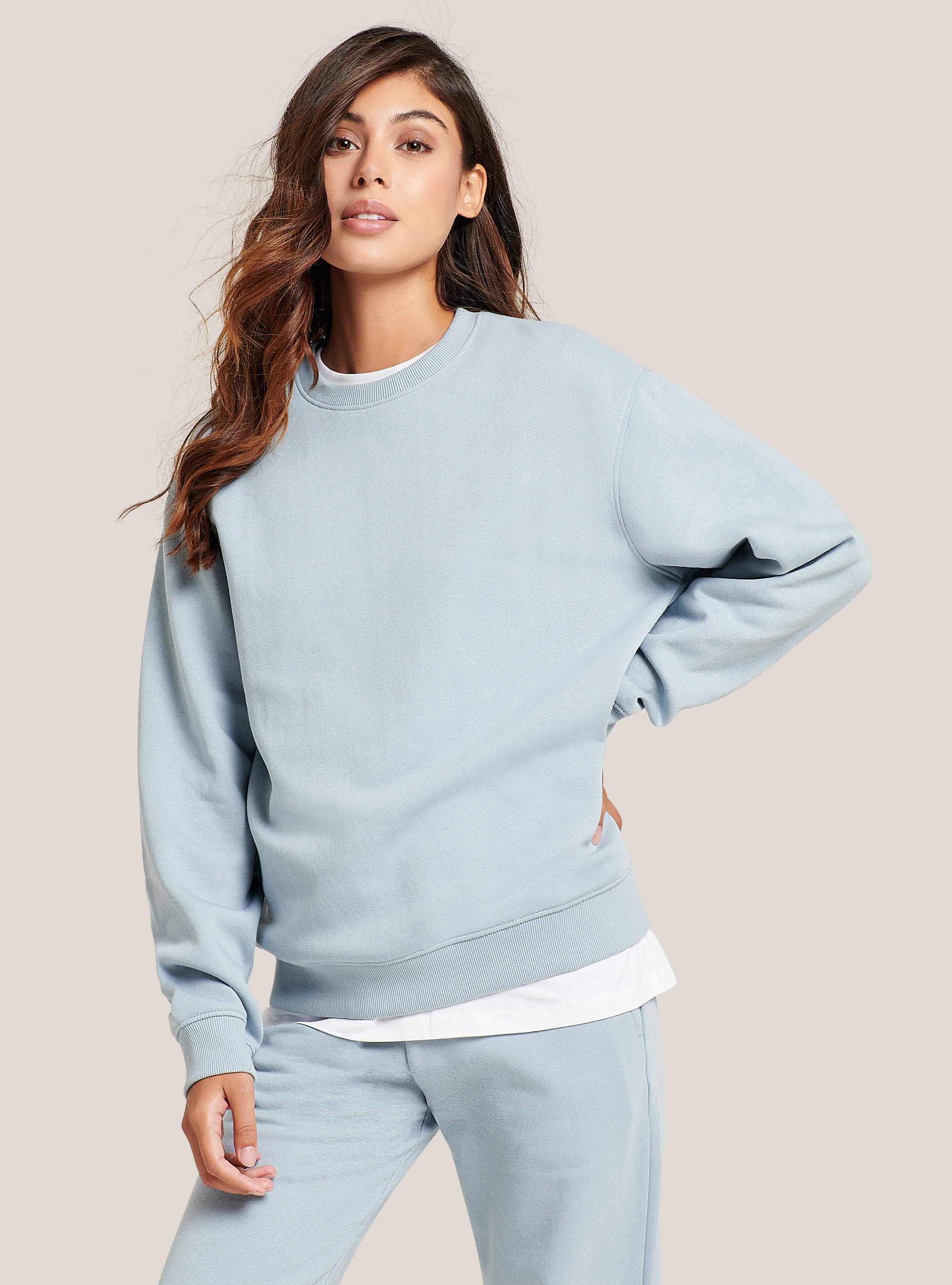 Sudadera b&aacute;sica de algod&oacute;n de cuello redondo, C2304 AZZURRE