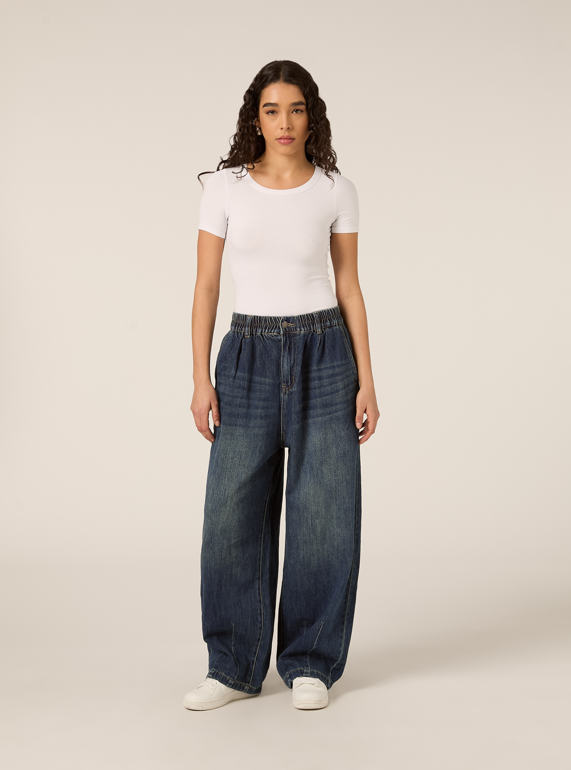 Jeans super wide con elastico cinta, D003 MEDIUM BLUE