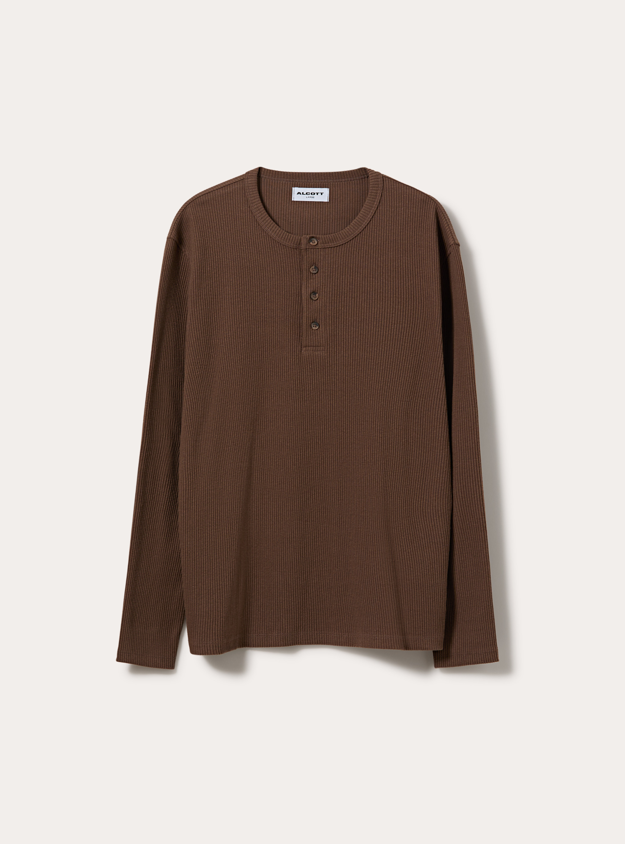 T-shirt henley a coste con  manica lunga, MARRONE MEDIO