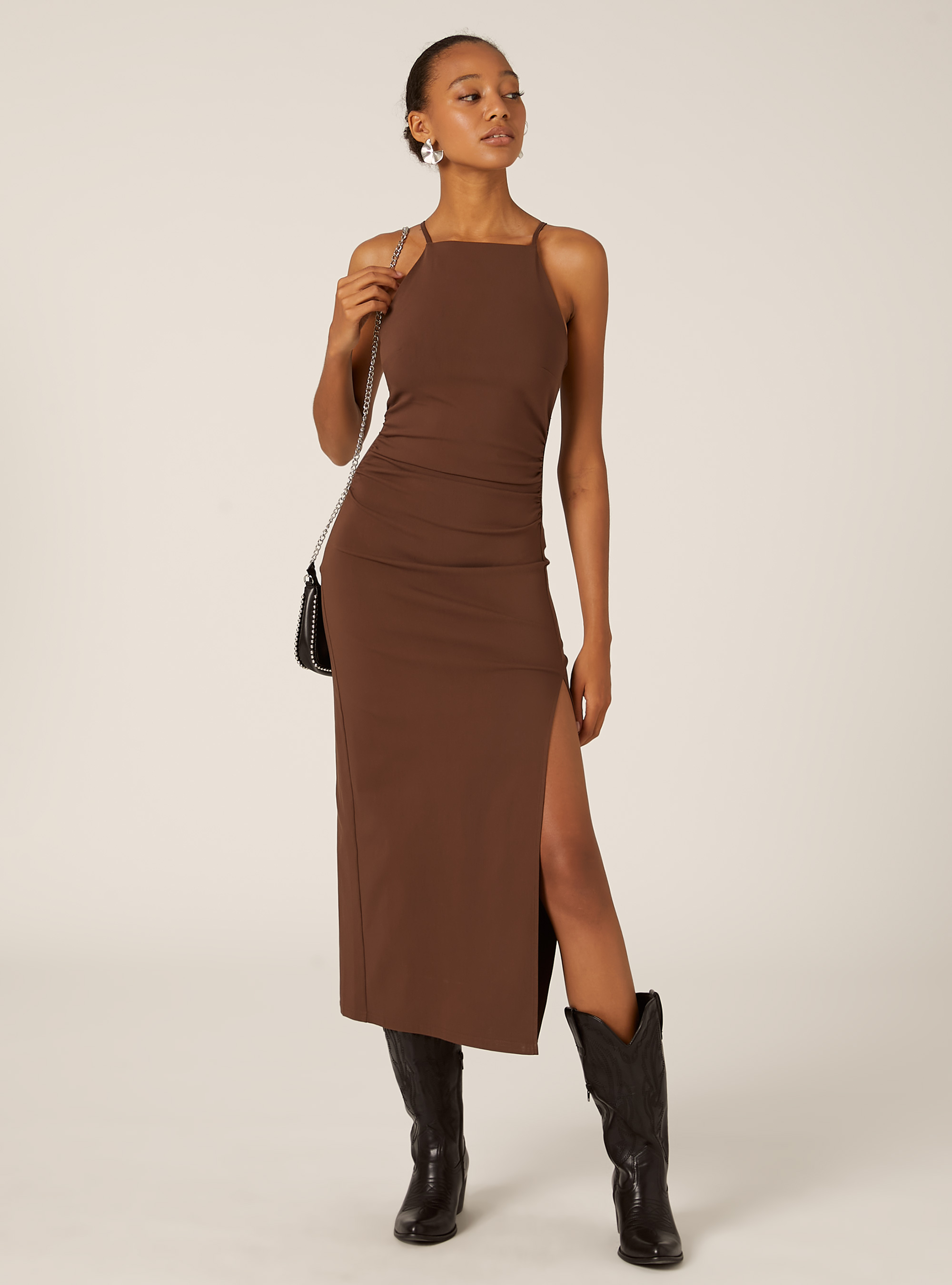 Vestito midi con collo halter, BR2 BROWN MEDIUM