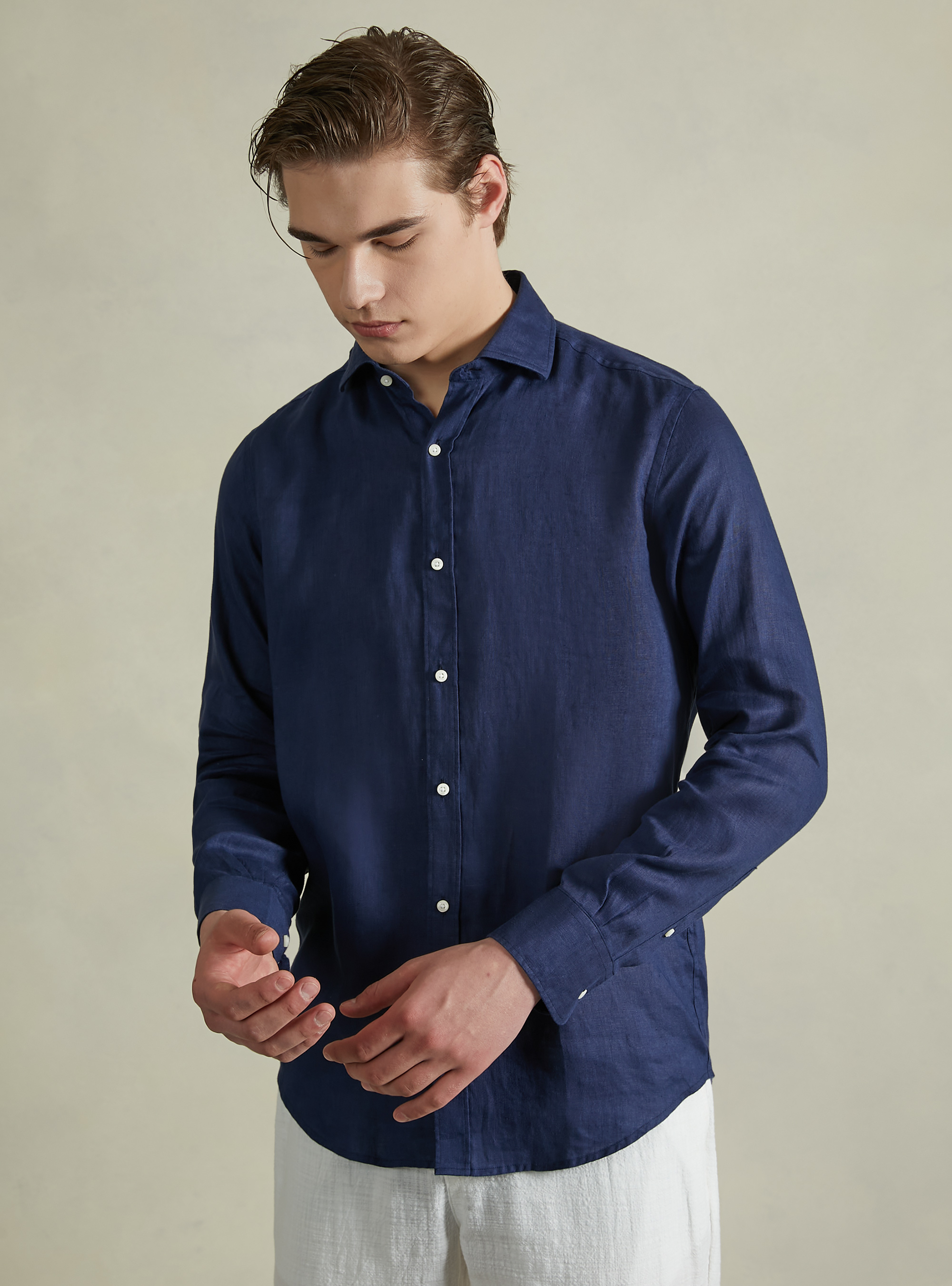 Camicia in puro lino a maniche lunghe, NA1 NAVY DARK