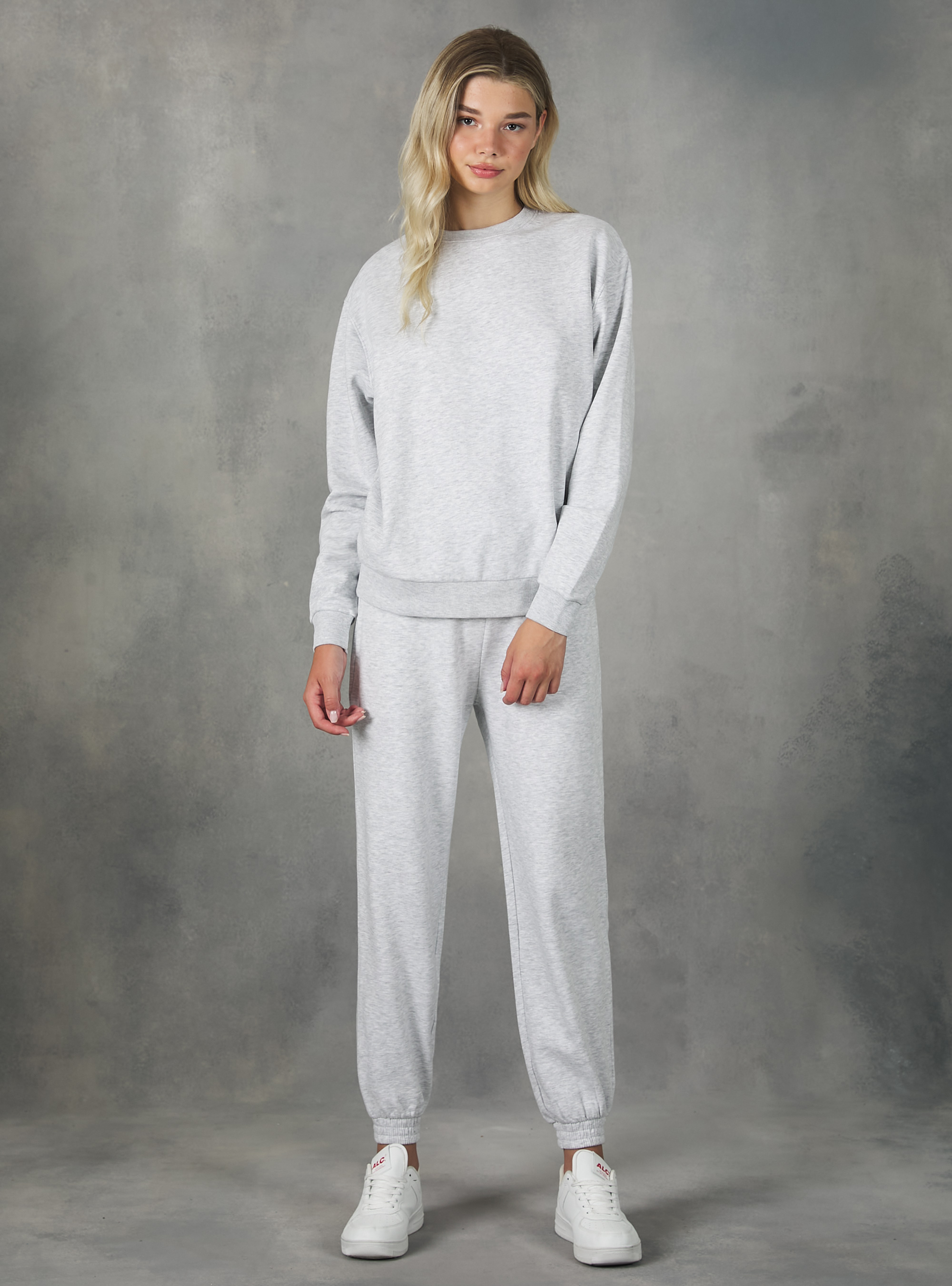 Sudadera de algod&oacute;n liso con cuello redondo, MGY3 GREY MEL LIGHT