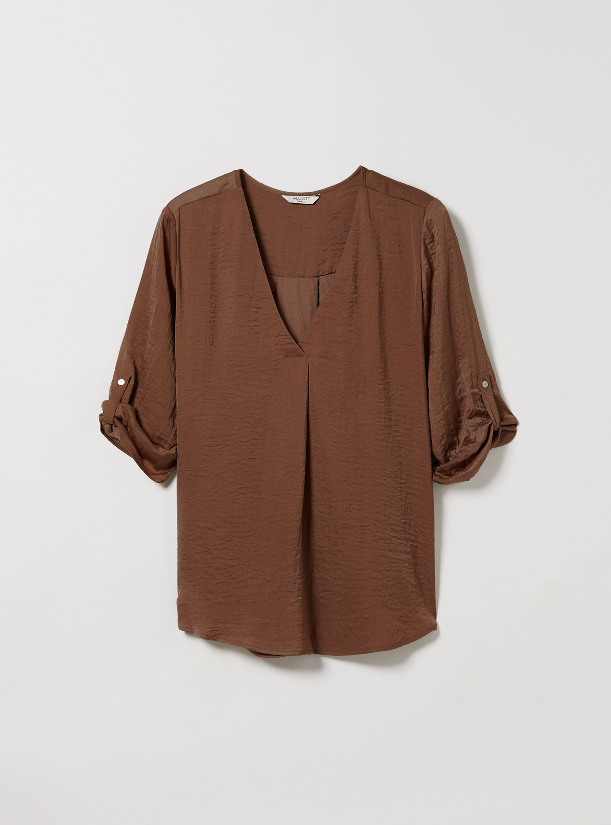 Blusa con scollo a v in satin, BR2 BROWN MEDIUM