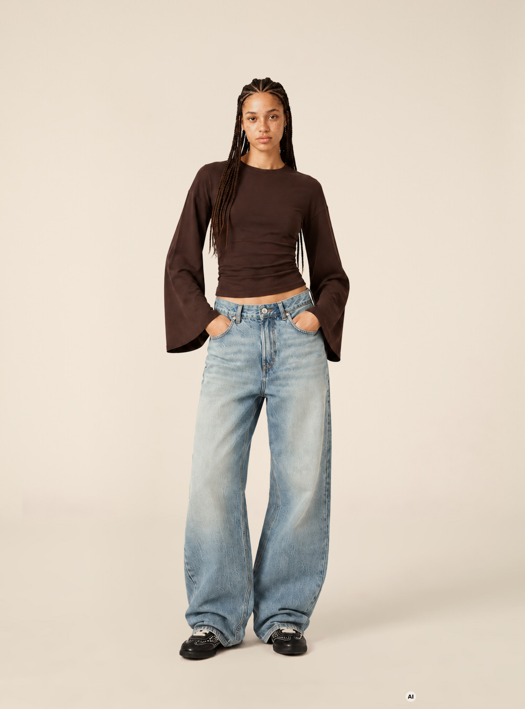Haut a manches evasees avec fronces, BR1 BROWN DARK