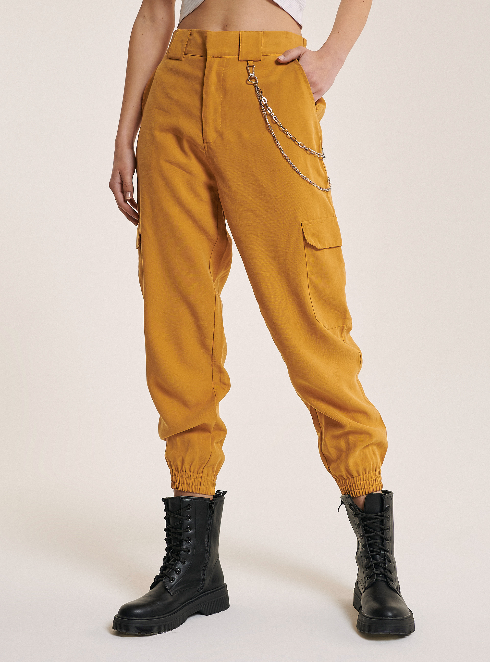 Comfort fit trousers with maxi pockets and chains, C7719 SENAPE