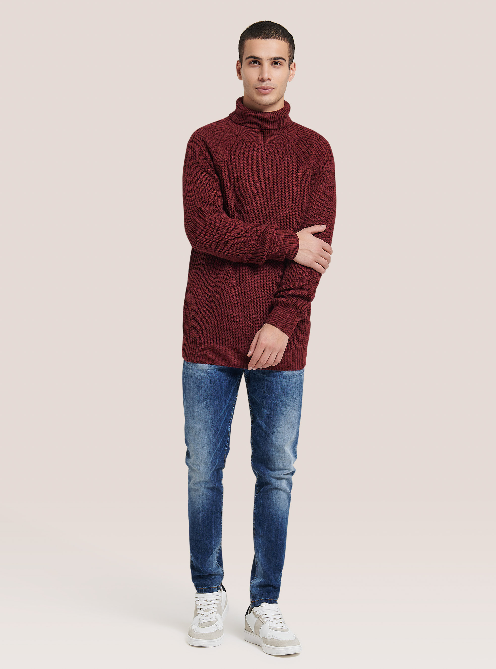 Pullover caldo collo alto a coste inglesi, BO2 BORDEAUX MEDIUM