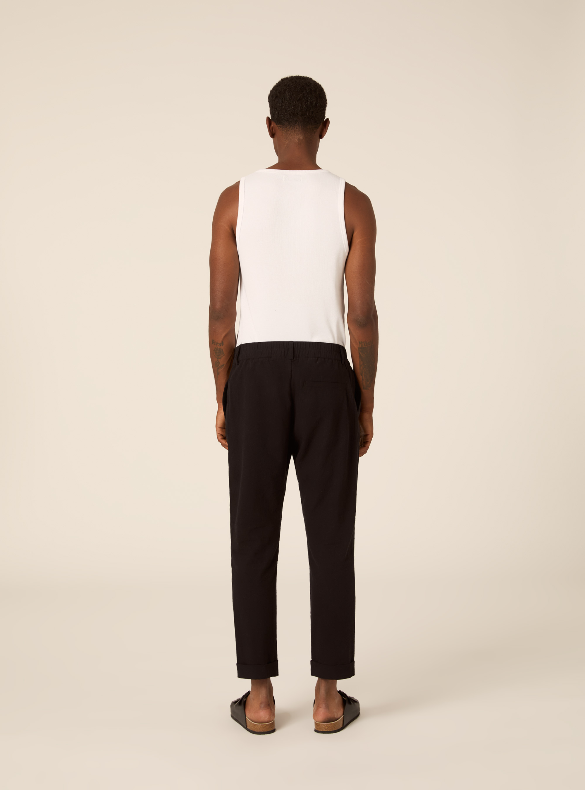 Pantalone con elastico in vita in misto lino, BK1 BLACK