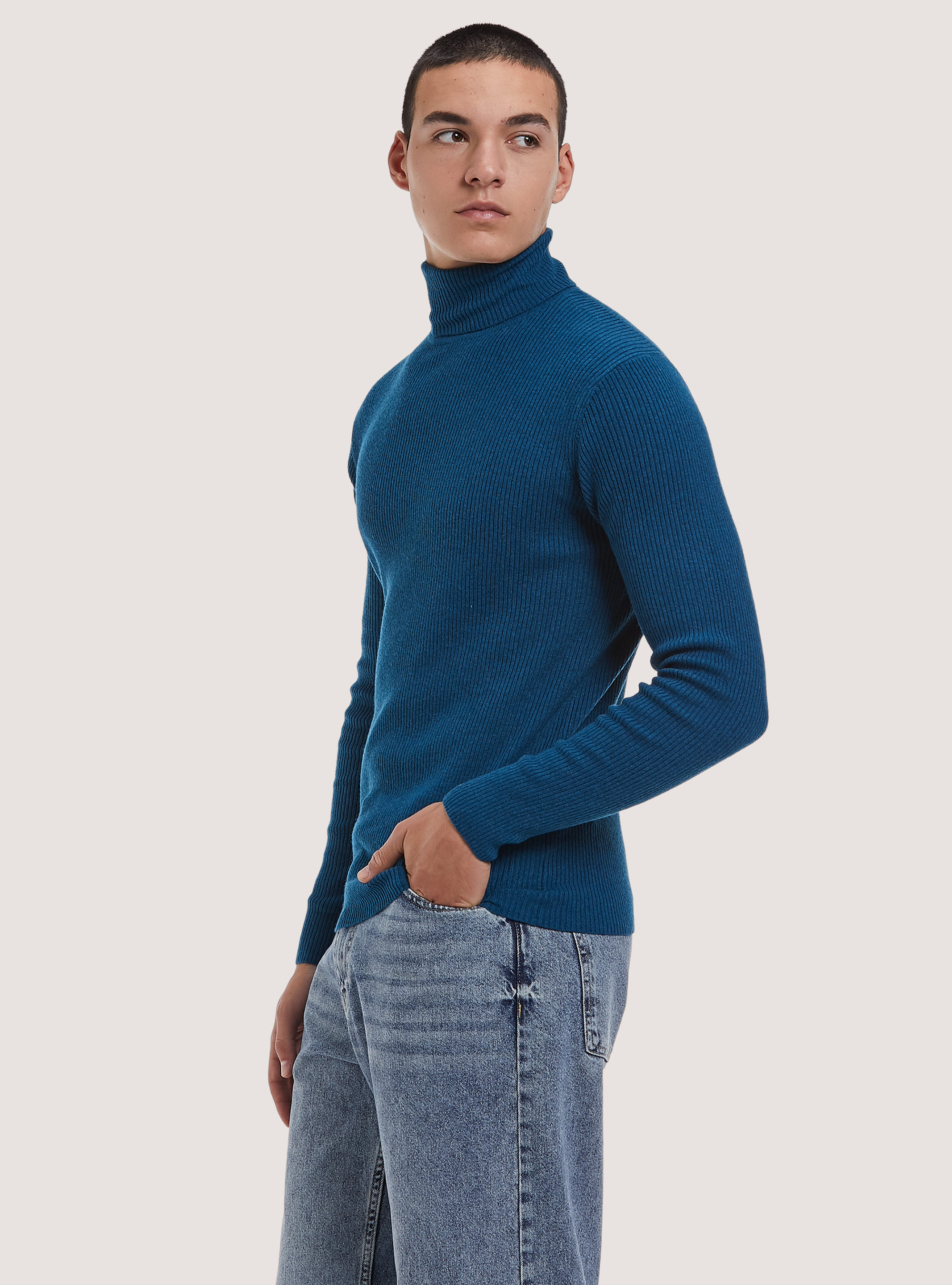 Ribbed turtleneck pullover, OB2 BLUE OIL MED.