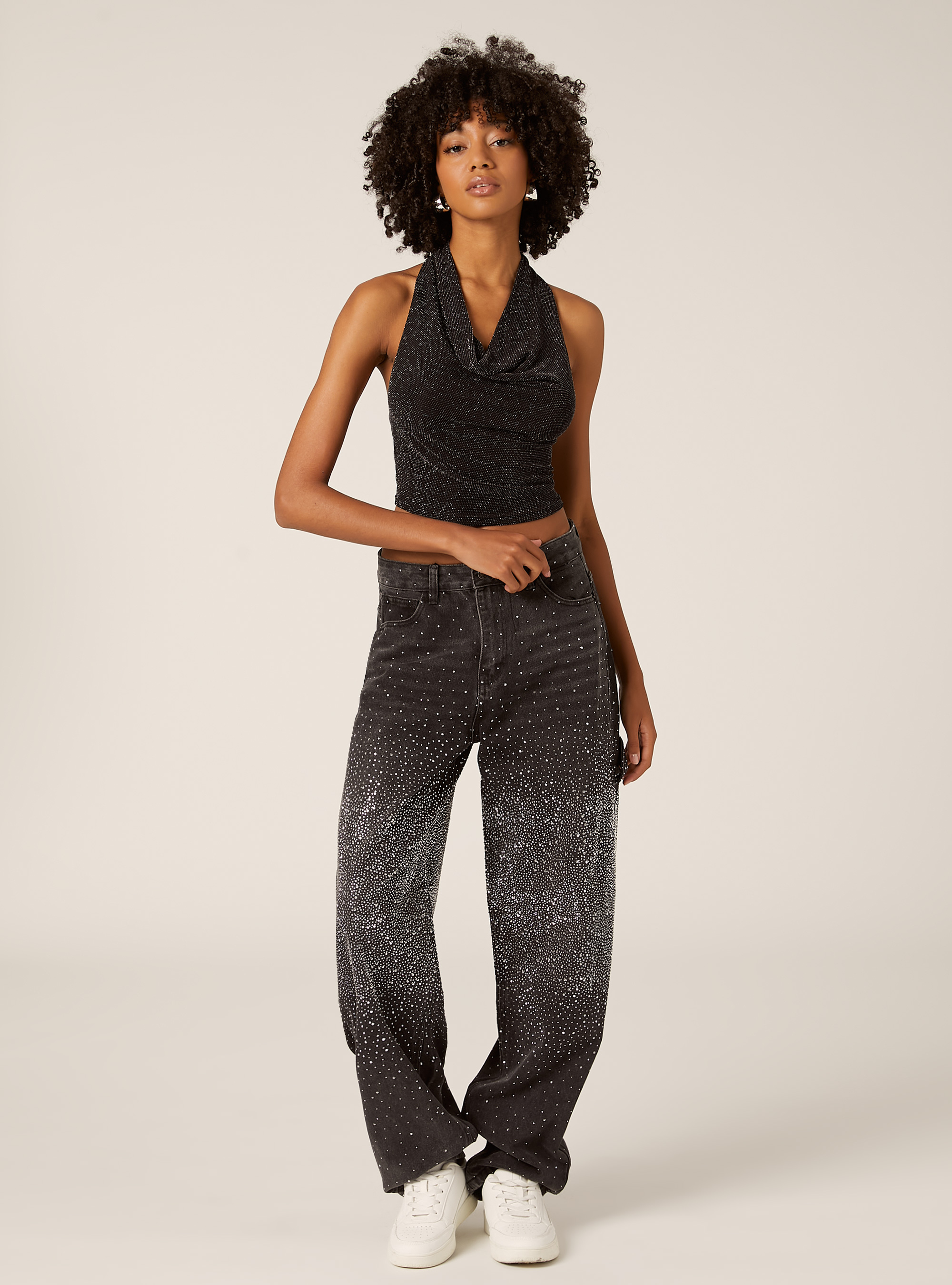 Halter top with rhinestones, BK1 BLACK