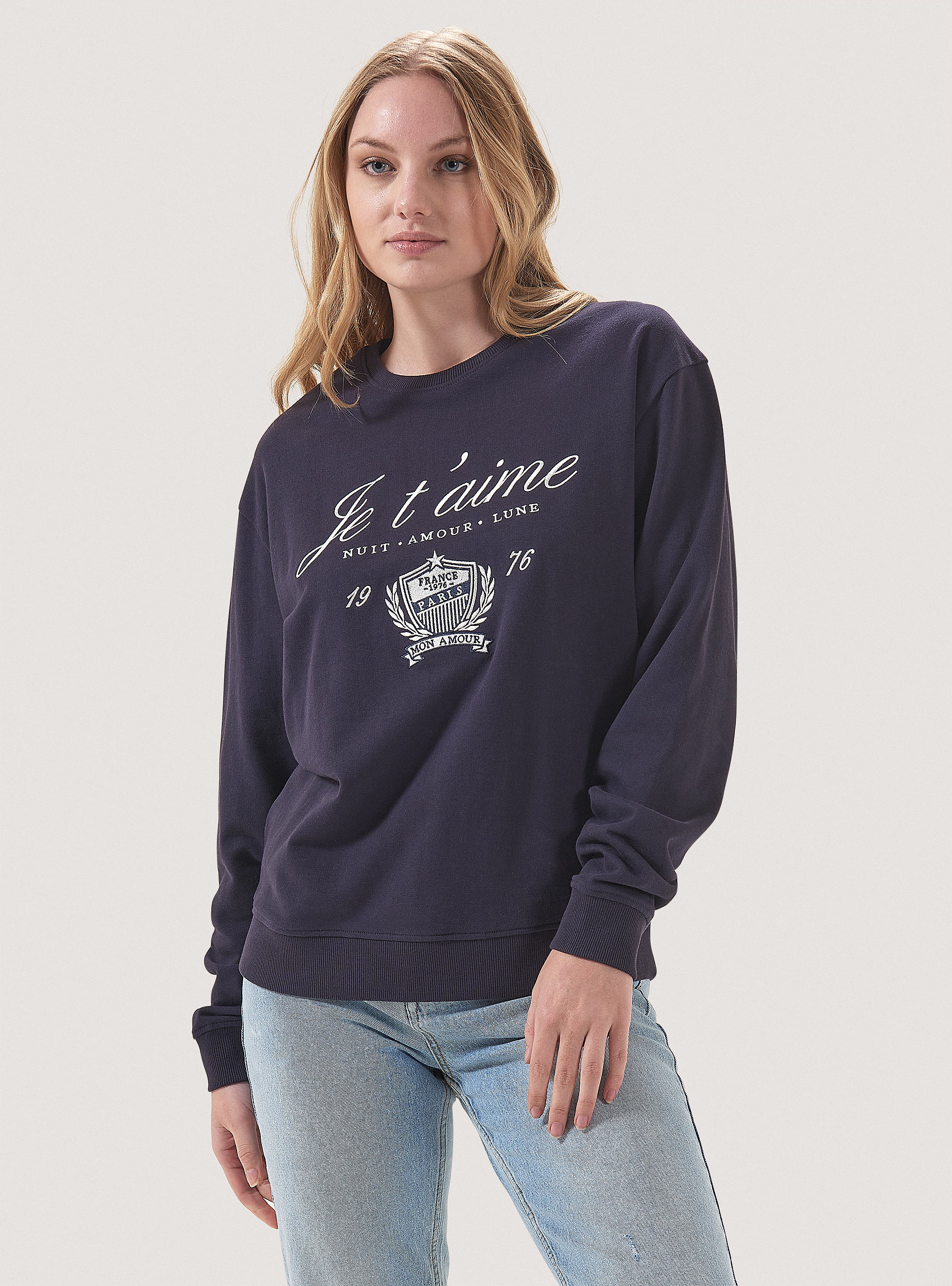 Sudadera de cuello redondo con bordado, AZUL MARINO
